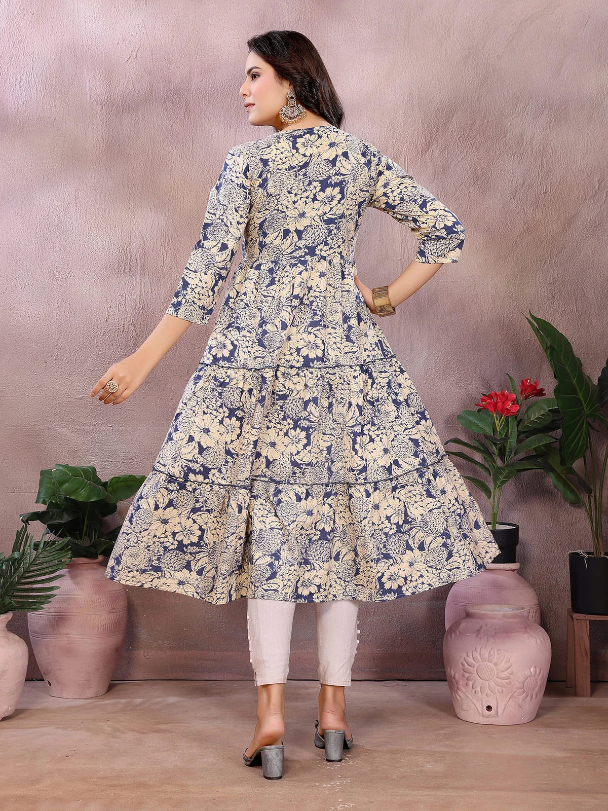 Buy Cotton Printed Tiered Calf Length Kurta-Blue