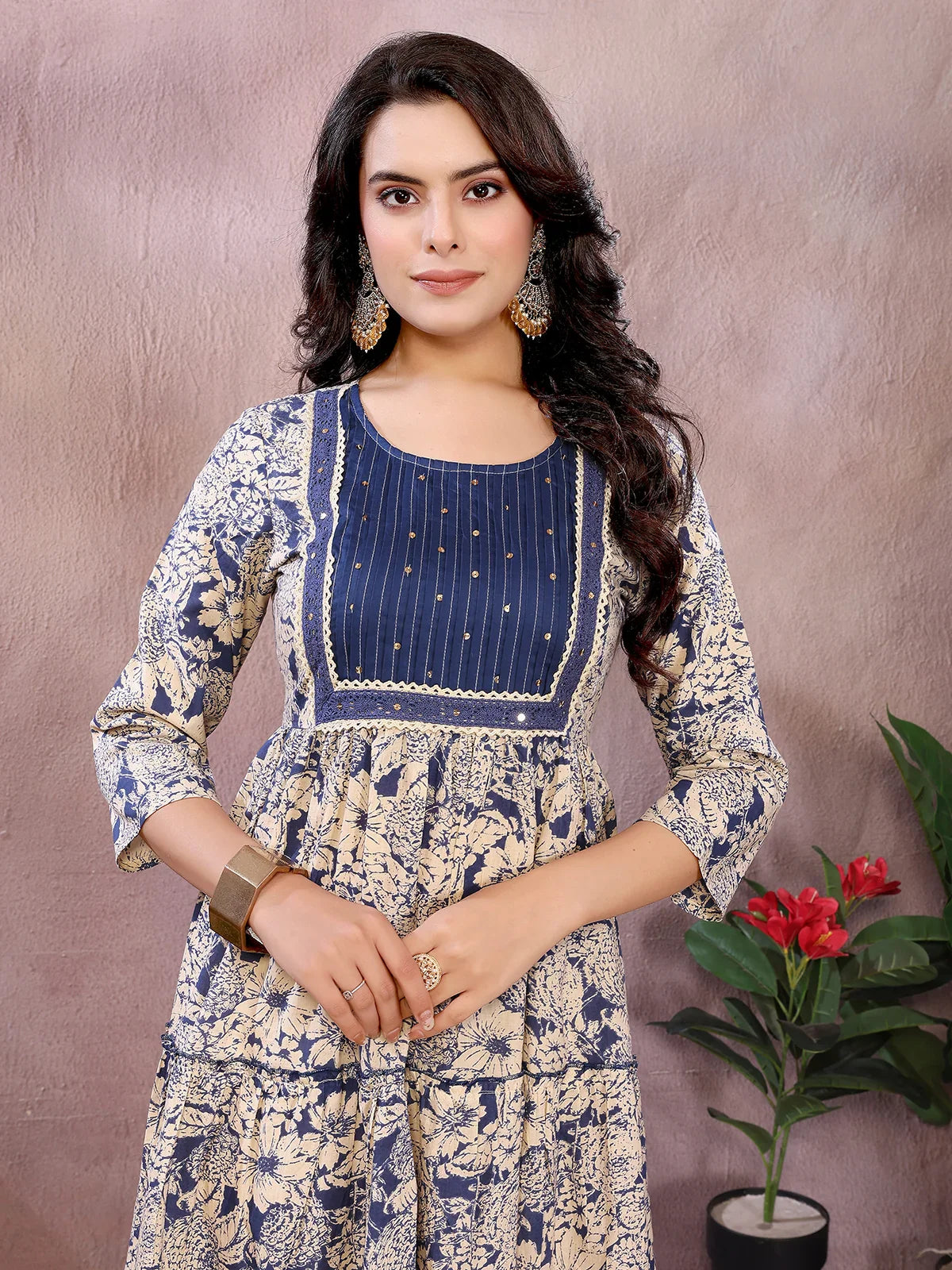 Buy Cotton Printed Tiered Calf Length Kurta-Blue