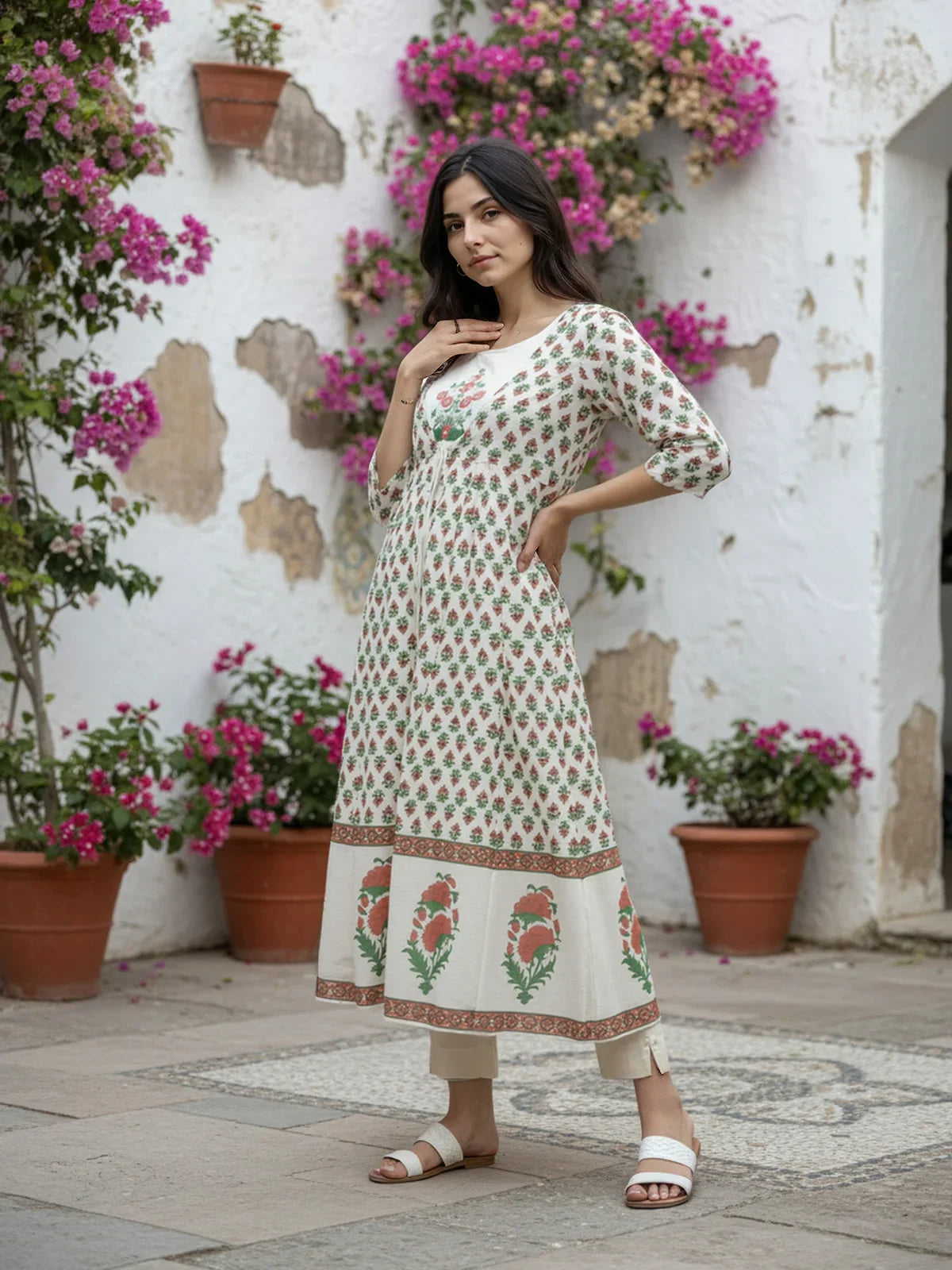 Buy Chanderi Embroidered Layered Calf Length Kurta with Jacket-Off White