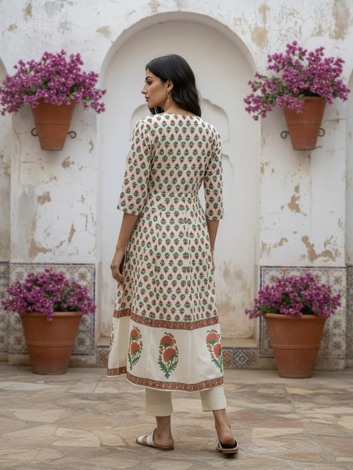 Buy Chanderi Embroidered Layered Calf Length Kurta with Jacket-Off White