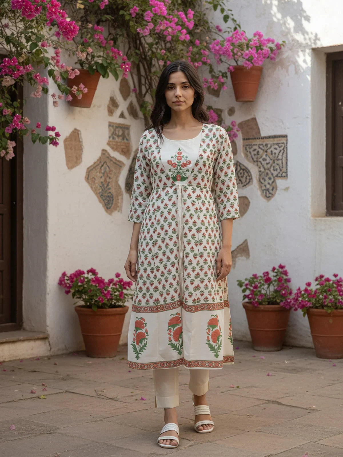 Buy Chanderi Embroidered Layered Calf Length Kurta with Jacket-Off White