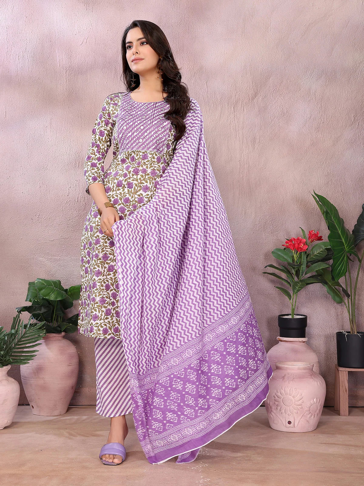 Buy Cotton Printed Straight Knee Length Kurta with Pant-Purple