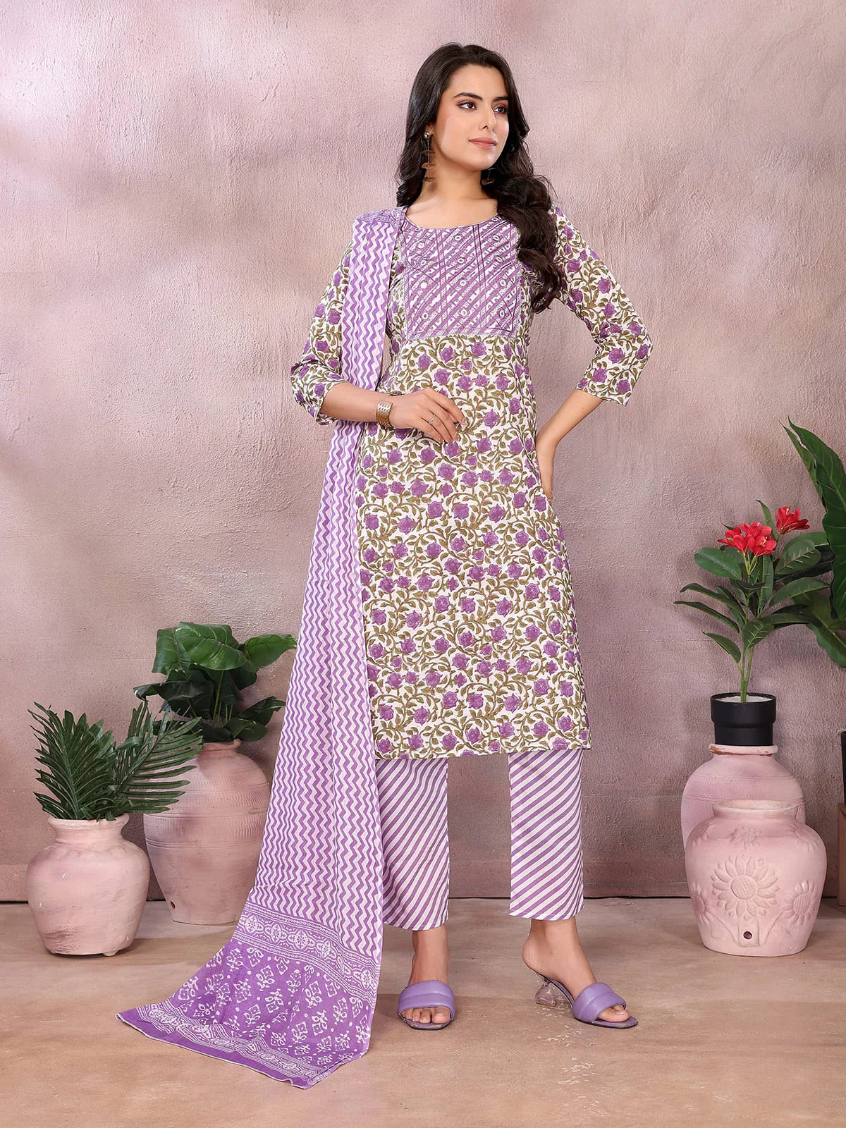 Buy Cotton Printed Straight Knee Length Kurta with Pant-Purple