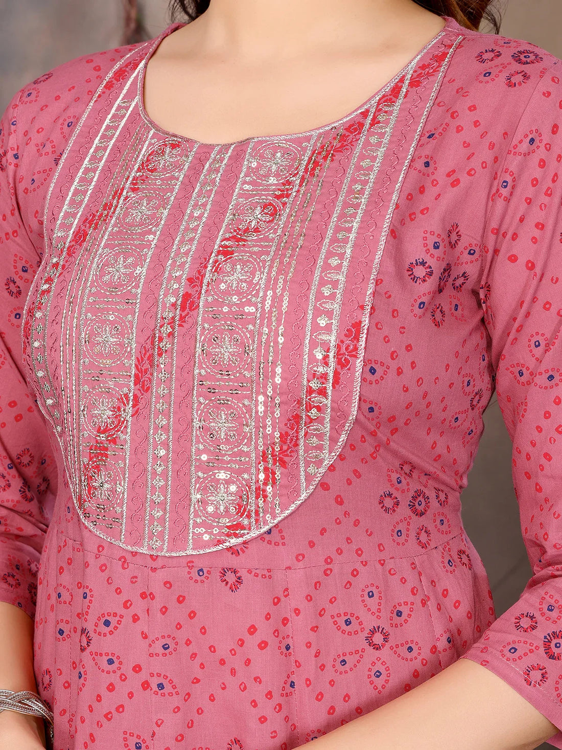 Buy Cotton Embroidered Anarkali Calf Length Kurta with Pant and Dupatta-Peach