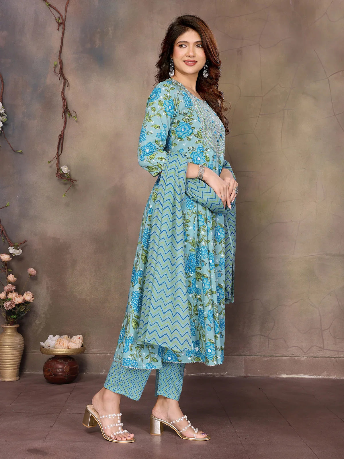 Buy Cotton Embroidered Anarkali Calf Length Kurta with Pant and Dupatta-Blue