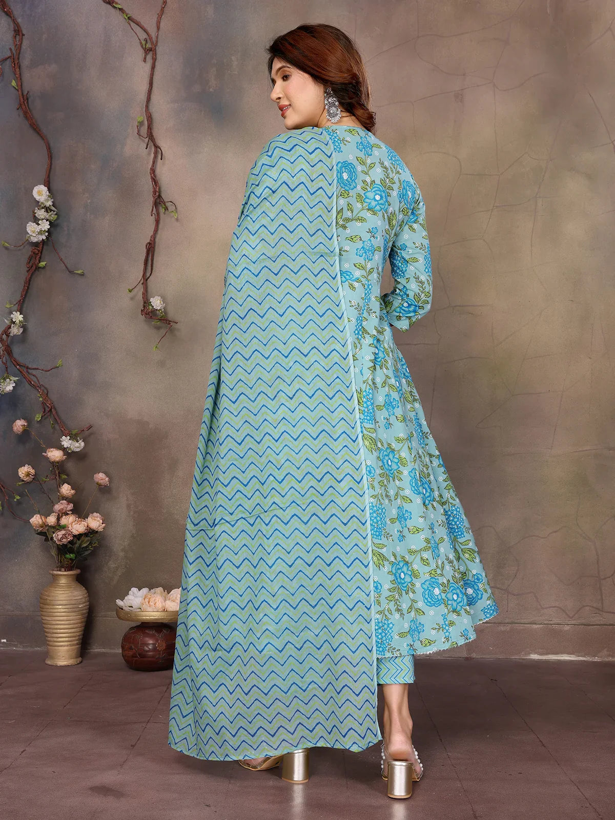 Buy Cotton Embroidered Anarkali Calf Length Kurta with Pant and Dupatta-Blue