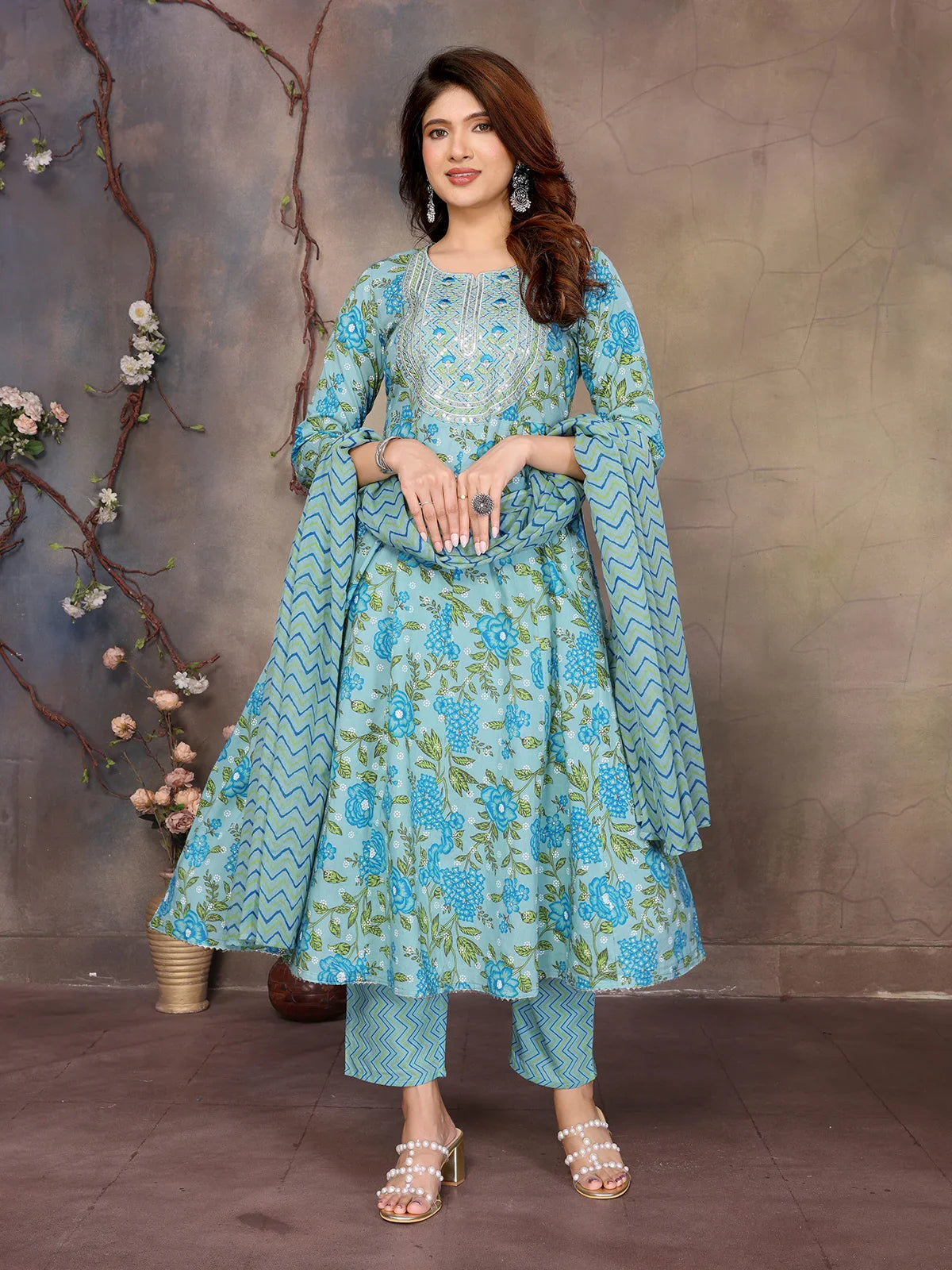 Buy Cotton Embroidered Anarkali Calf Length Kurta with Pant and Dupatta-Blue