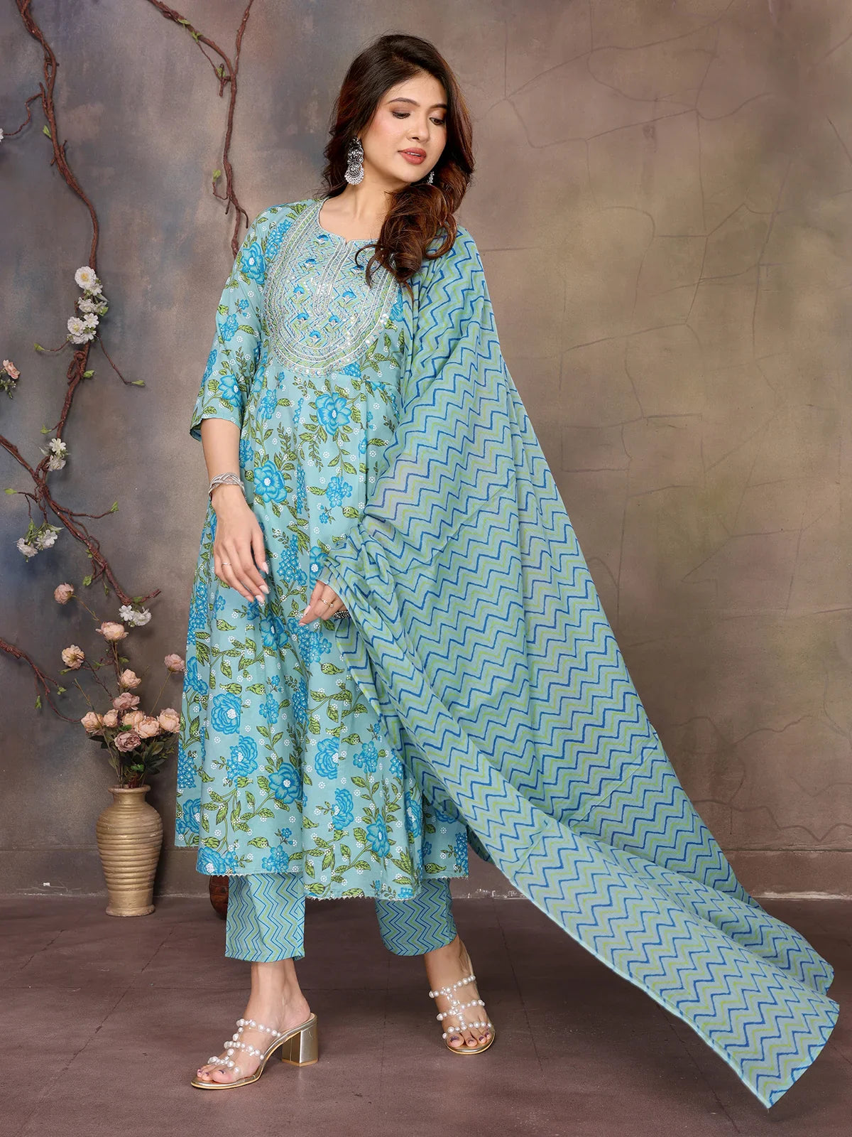 Buy Cotton Embroidered Anarkali Calf Length Kurta with Pant and Dupatta-Blue