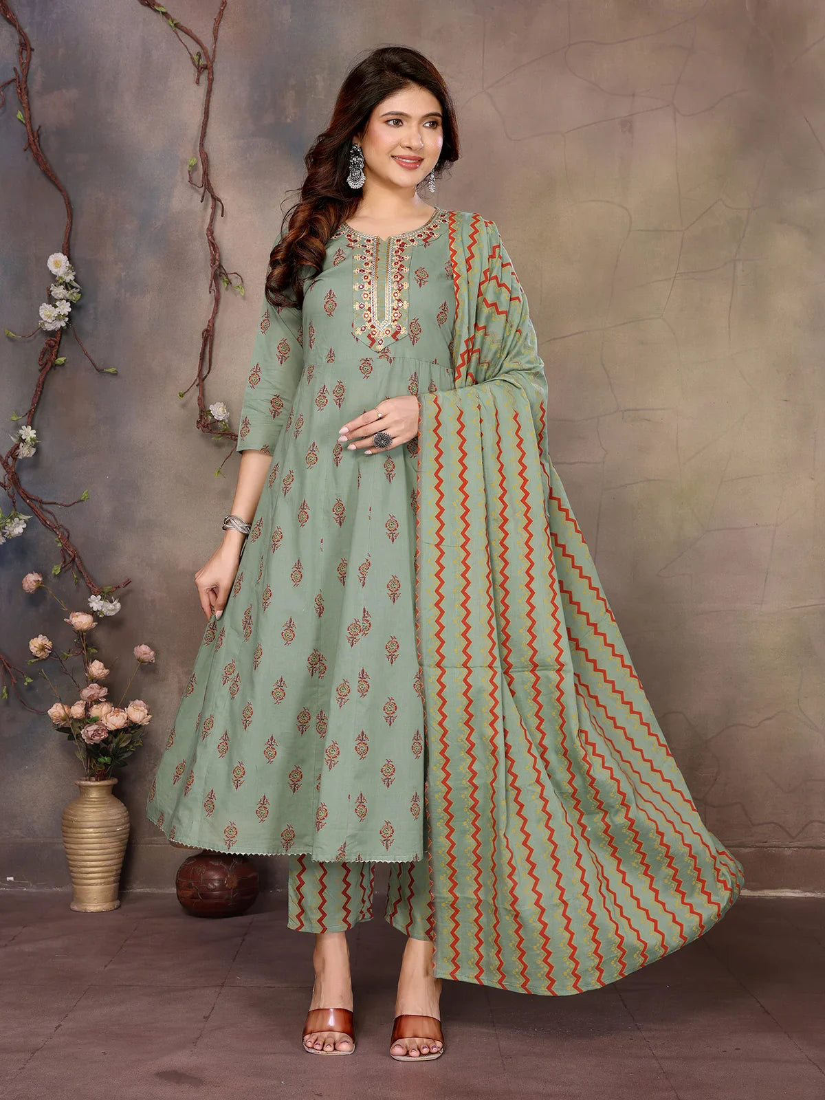 Buy Cotton Embroidered Anarkali Calf Length Kurta with Pant and Dupatta-Green
