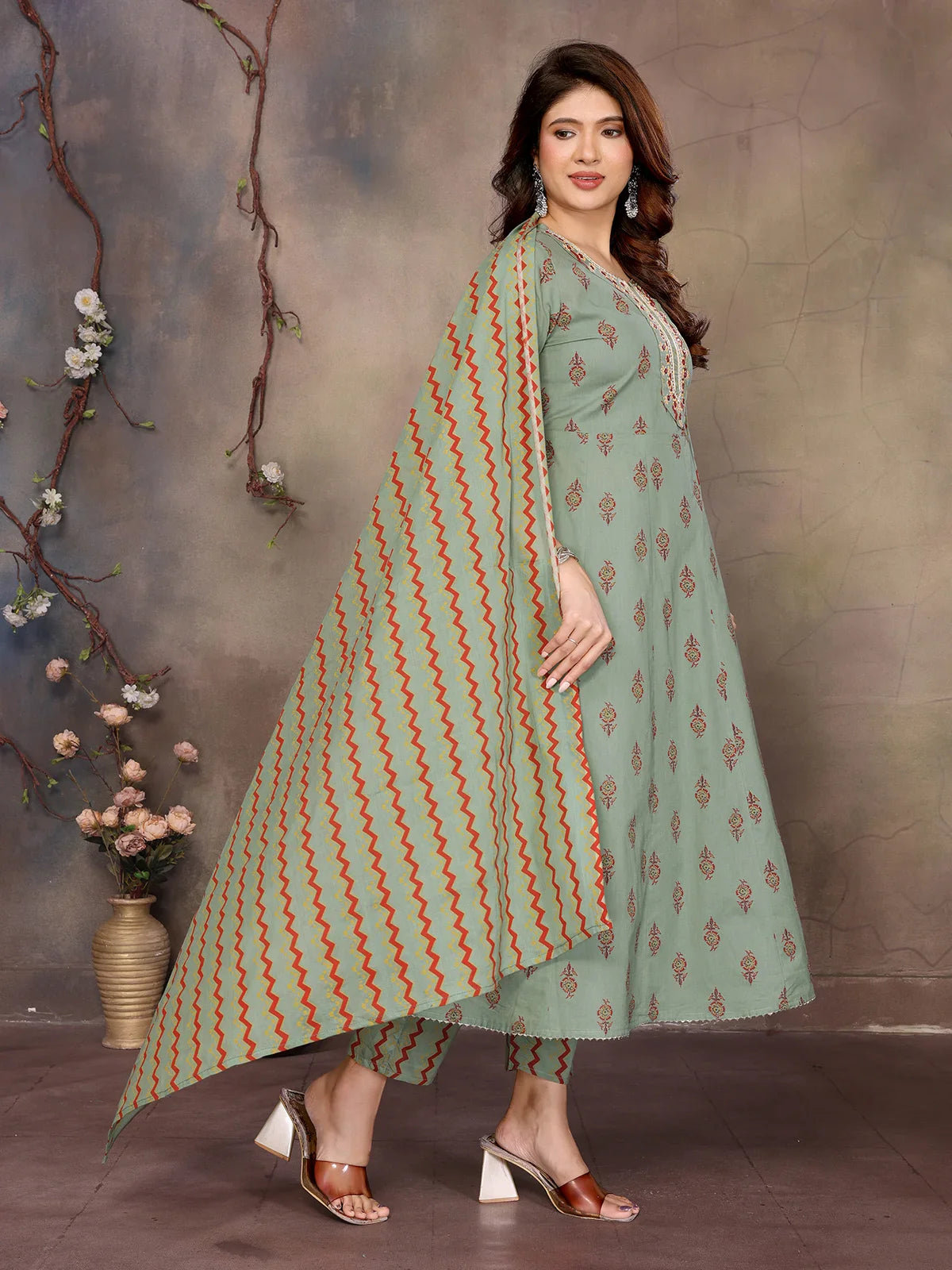 Buy Cotton Embroidered Anarkali Calf Length Kurta with Pant and Dupatta-Green
