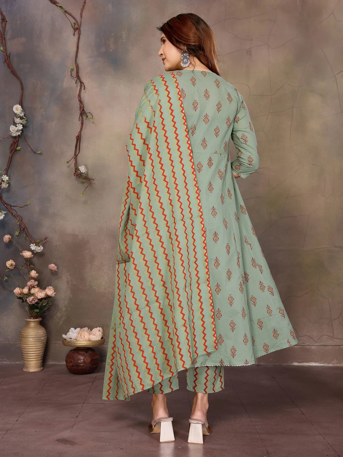Buy Cotton Embroidered Anarkali Calf Length Kurta with Pant and Dupatta-Green