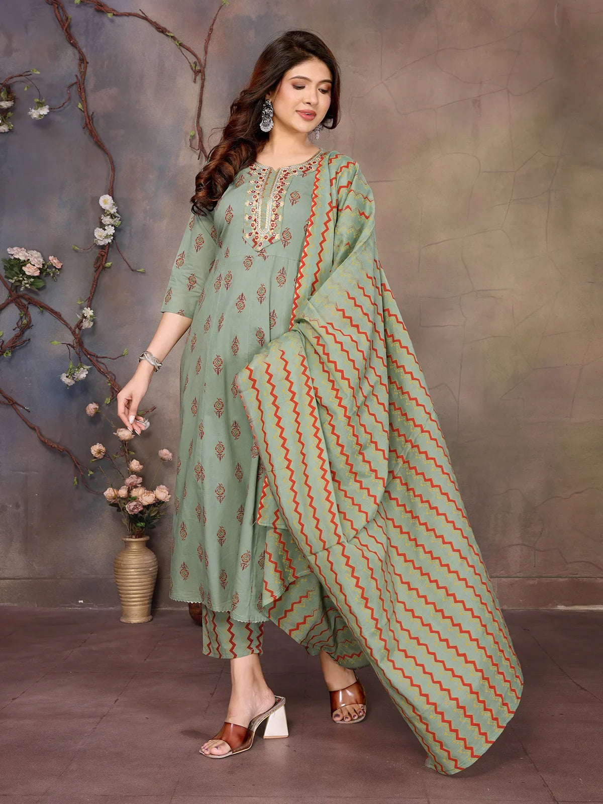 Buy Cotton Embroidered Anarkali Calf Length Kurta with Pant and Dupatta-Green
