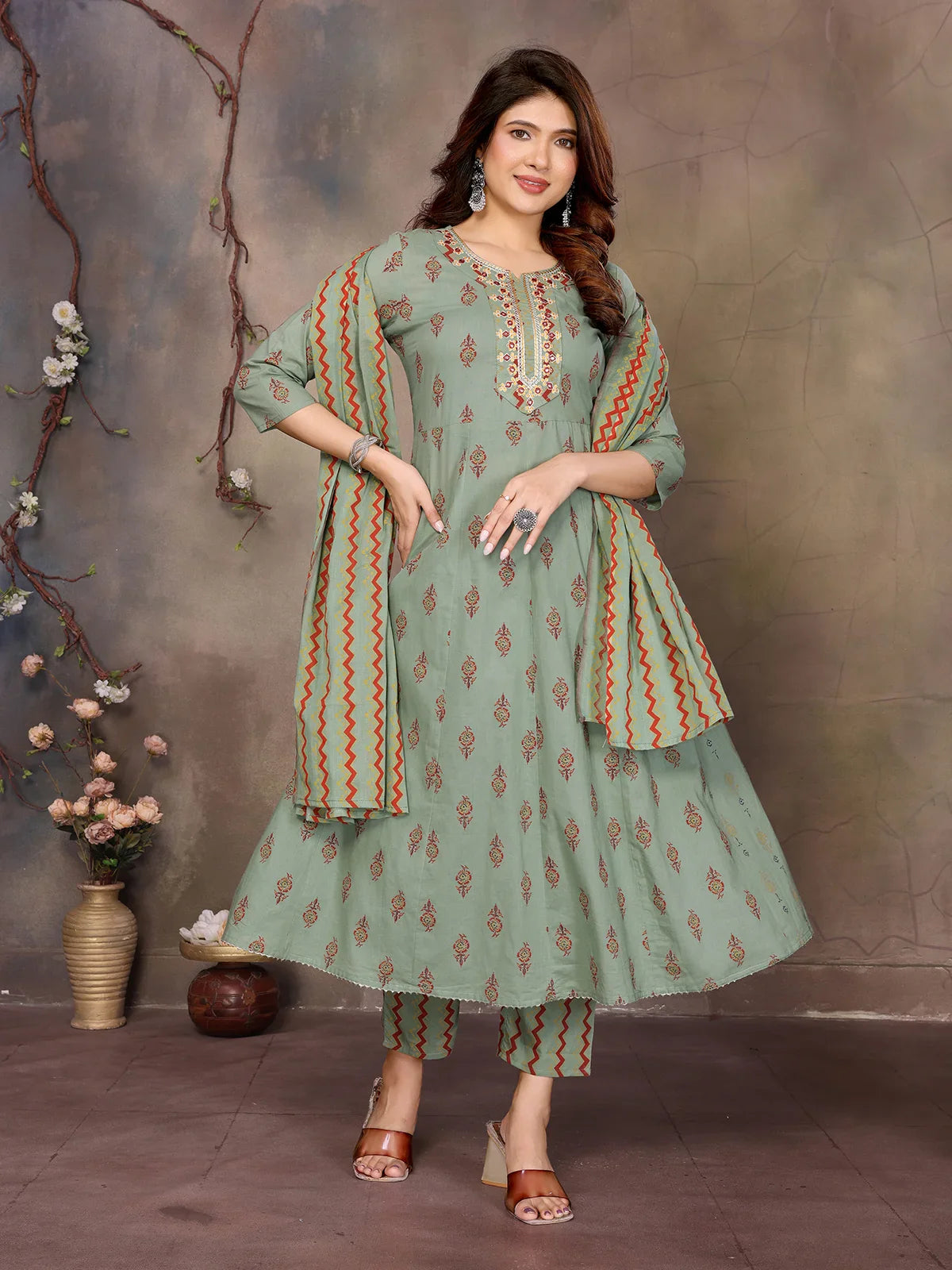 Buy Cotton Embroidered Anarkali Calf Length Kurta with Pant and Dupatta-Green