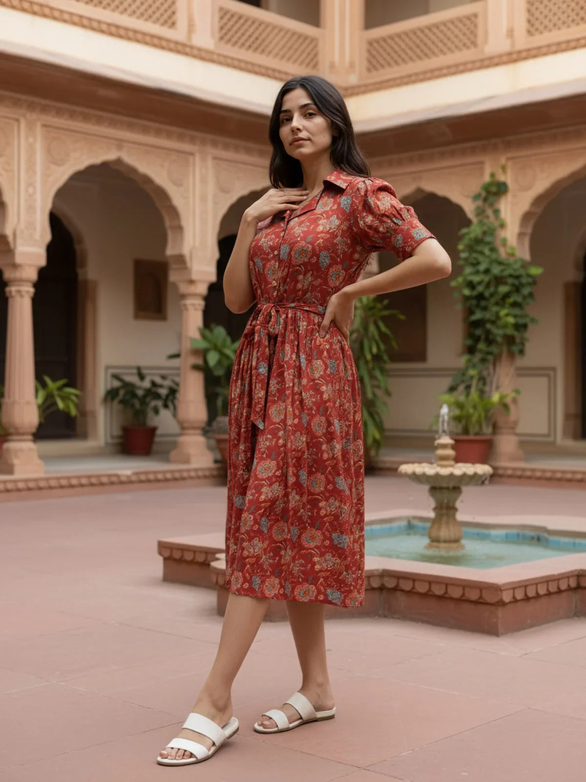 Buy Cotton Printed Calf Length Shirt Dress-Red