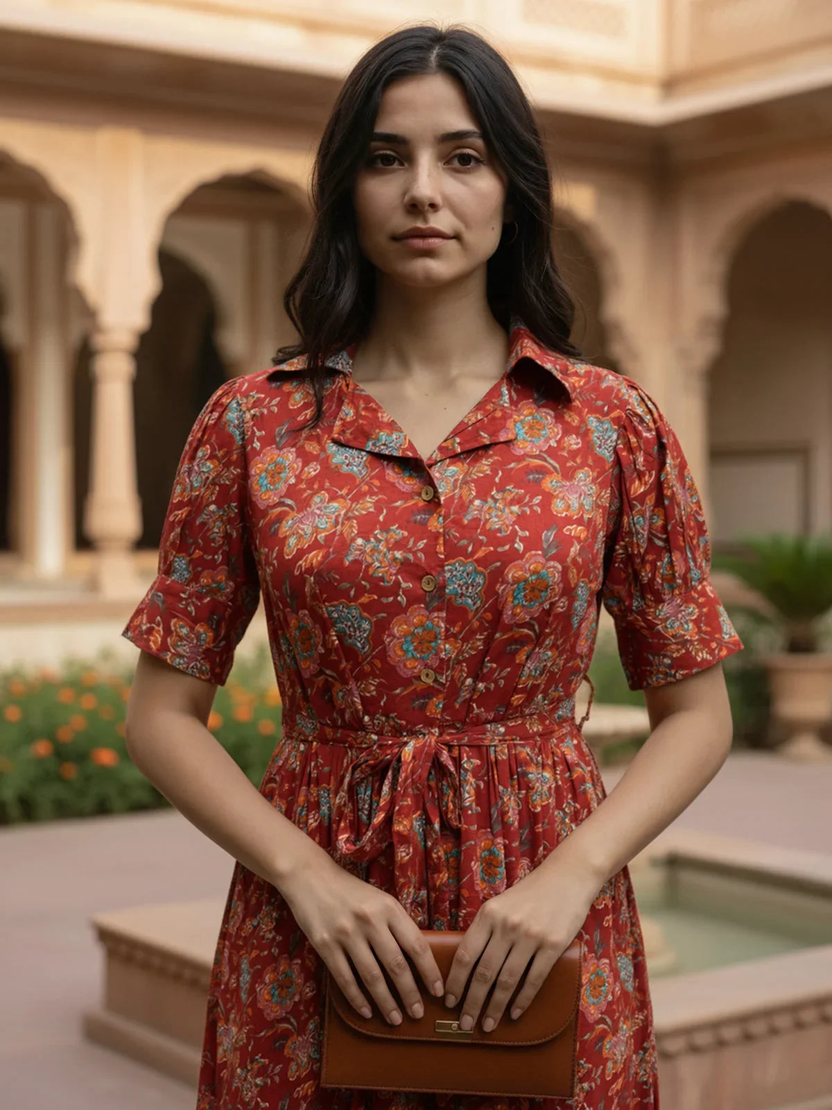 Buy Cotton Printed Calf Length Shirt Dress-Red