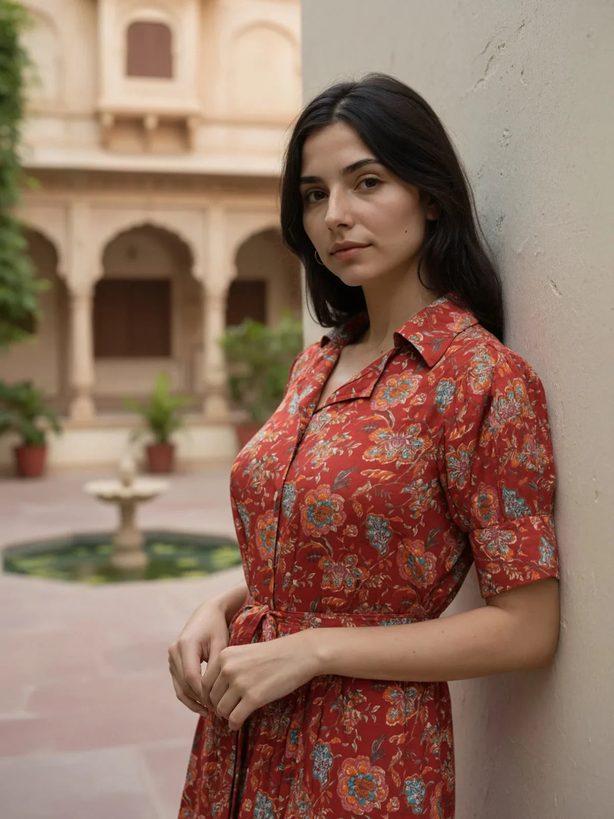 Buy Cotton Printed Calf Length Shirt Dress-Red