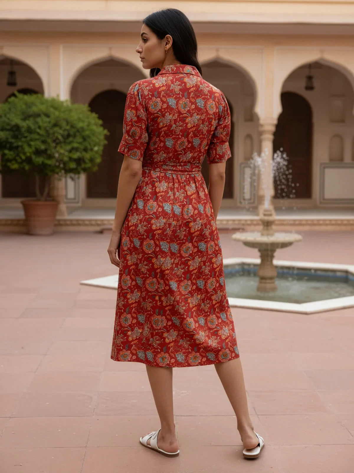 Buy Cotton Printed Calf Length Shirt Dress-Red