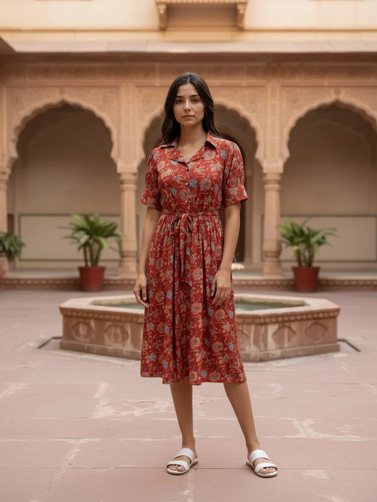 Buy Cotton Printed Calf Length Shirt Dress-Red