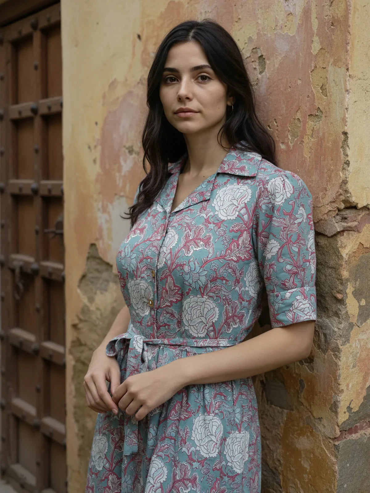 Buy Cotton Printed Calf Length Shirt Dress-Light Blue