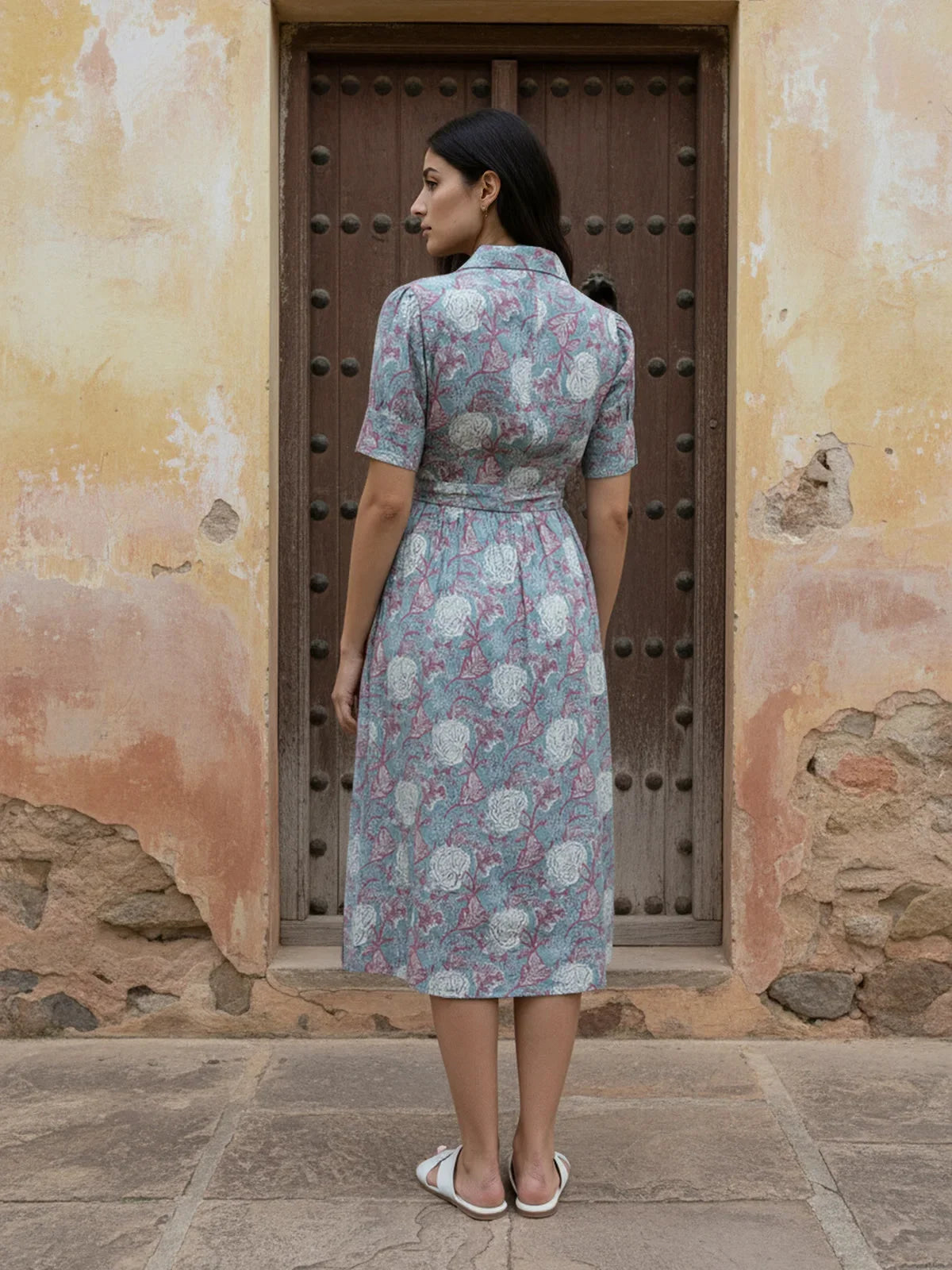 Buy Cotton Printed Calf Length Shirt Dress-Light Blue