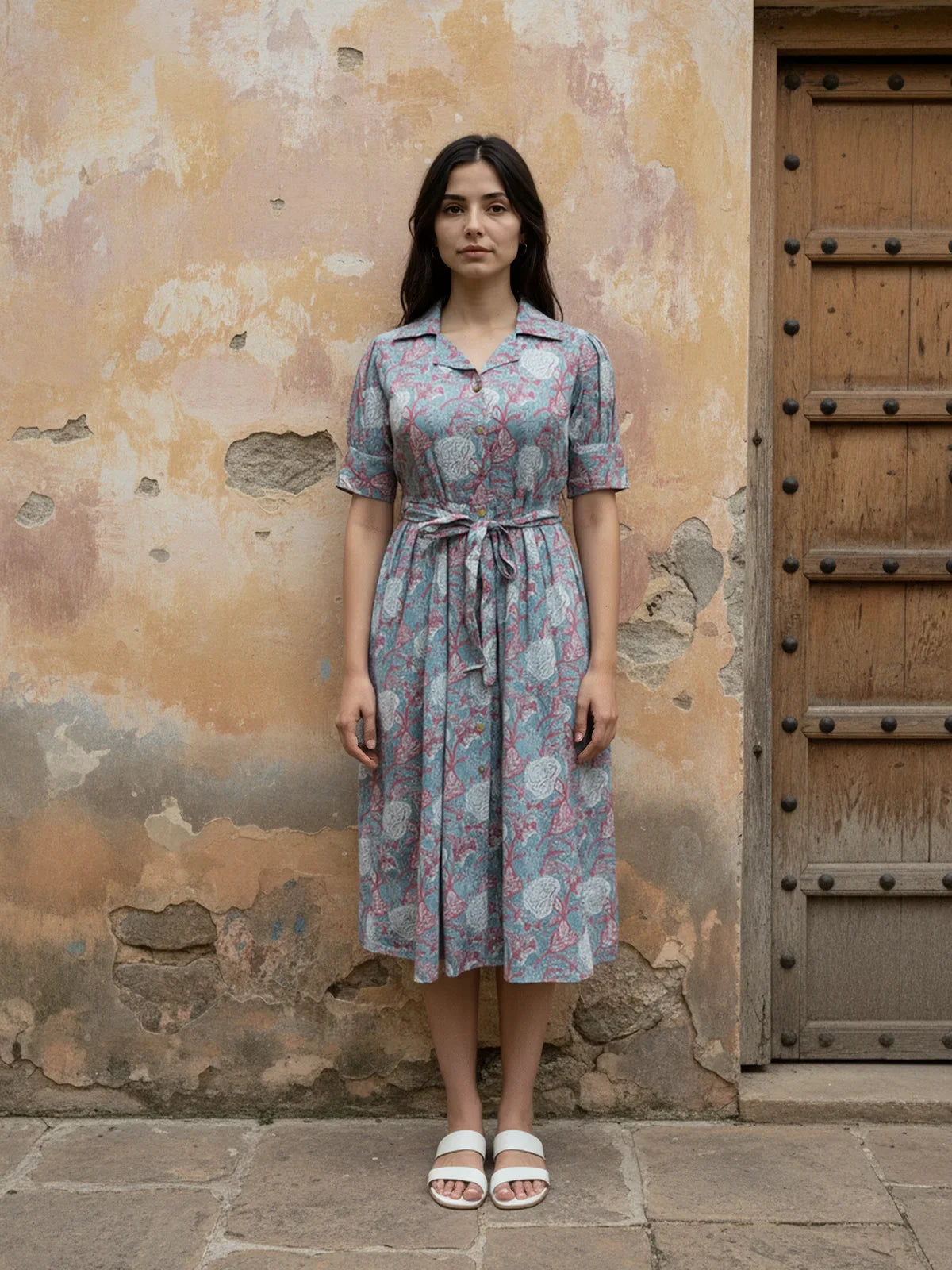 Buy Cotton Printed Calf Length Shirt Dress-Light Blue