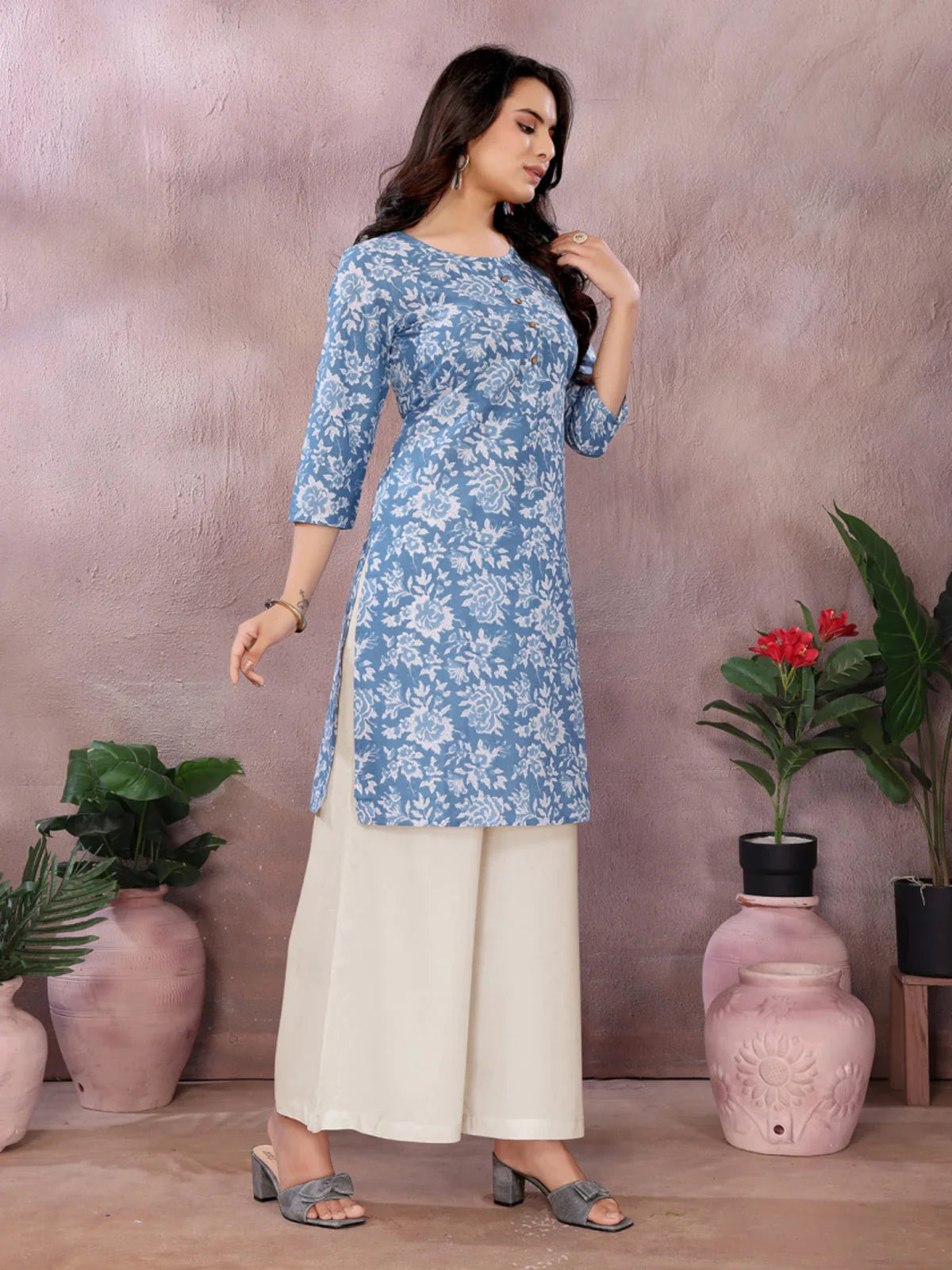 Buy Cotton Printed Straight Knee Length Kurta-Blue