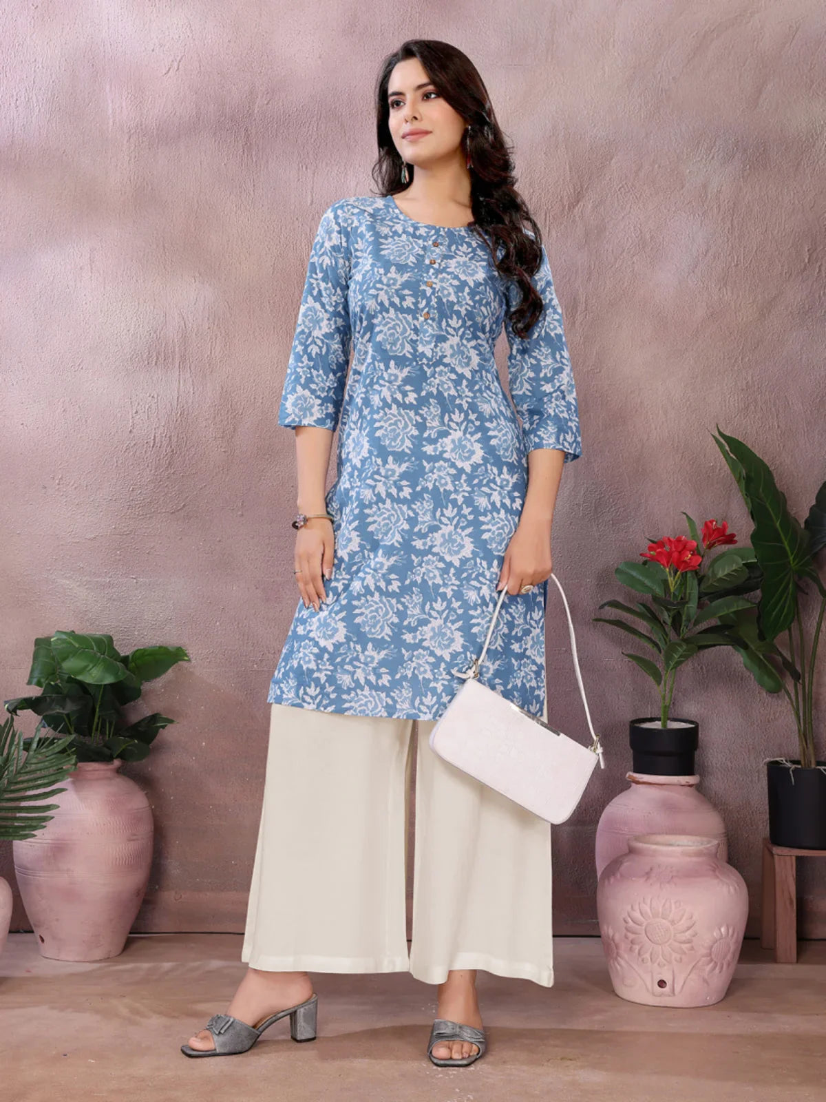 Buy Cotton Printed Straight Knee Length Kurta-Blue