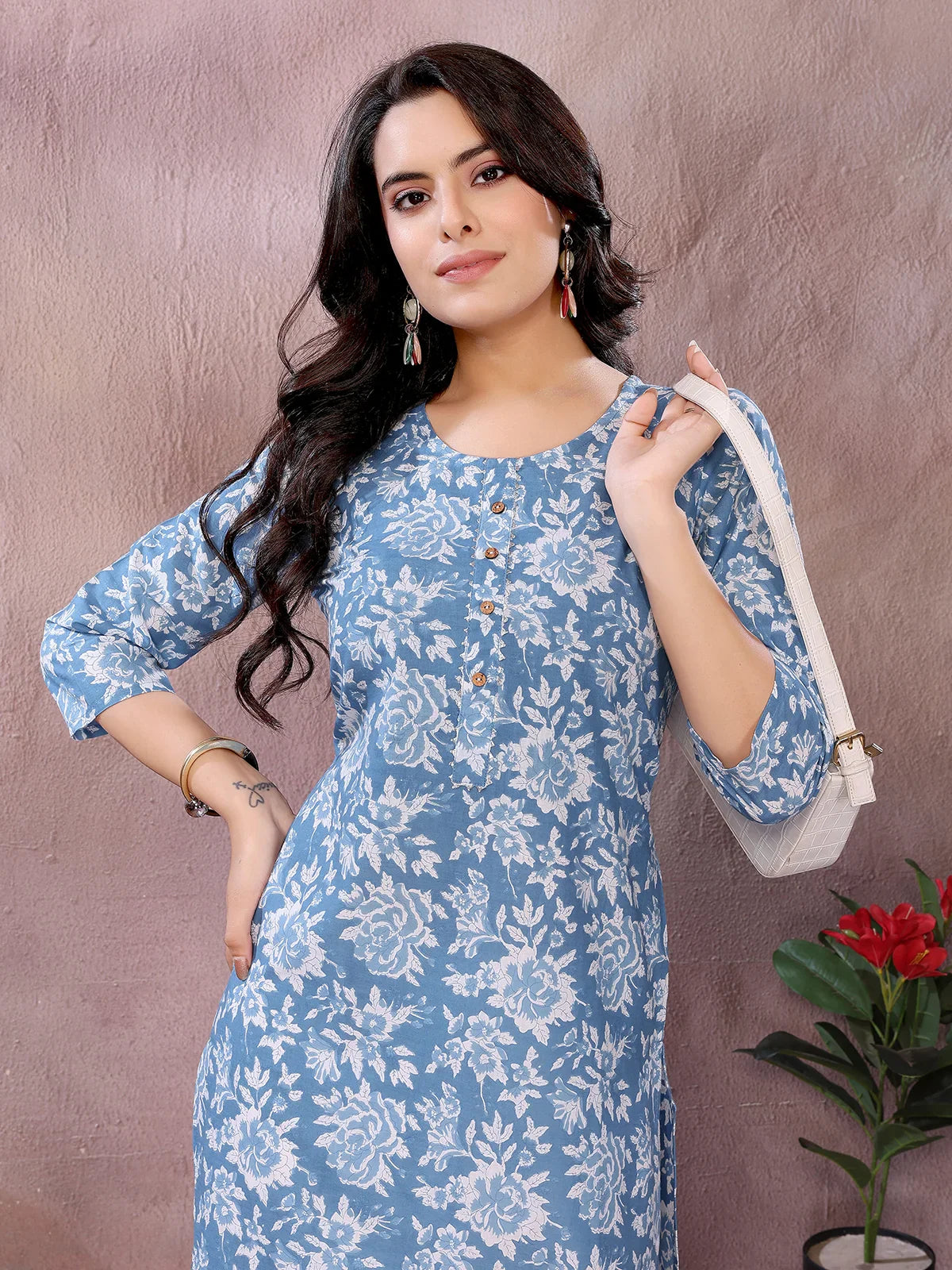 Buy Cotton Printed Straight Knee Length Kurta-Blue