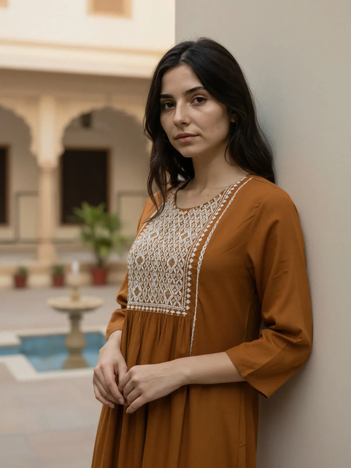 Buy Rayon Embroidered A-Line Calf Length Kurta-Brown