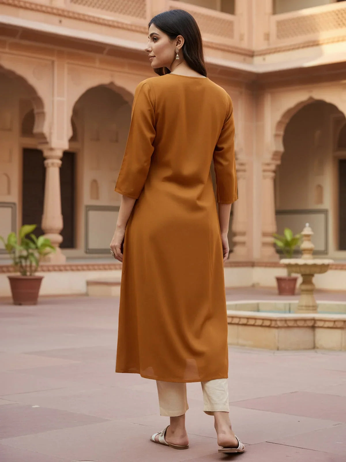 Buy Rayon Embroidered A-Line Calf Length Kurta-Brown