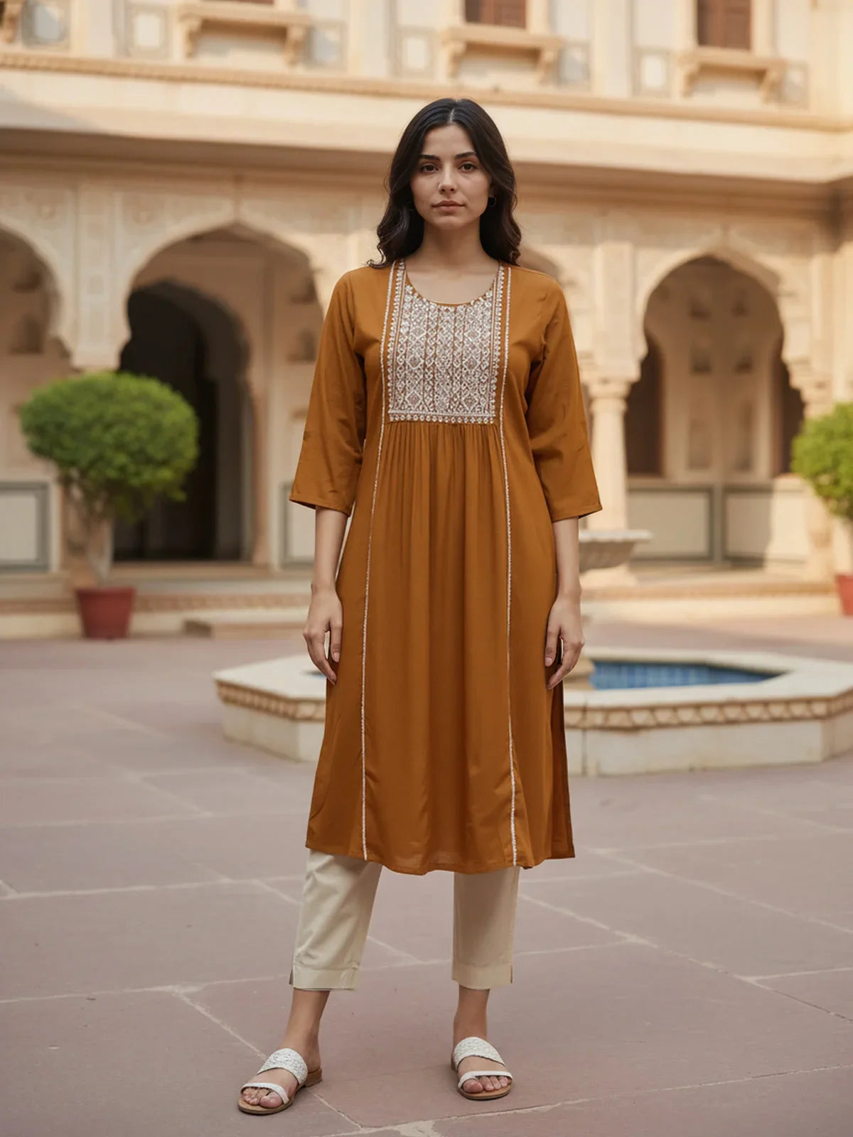 Buy Rayon Embroidered A-Line Calf Length Kurta-Brown