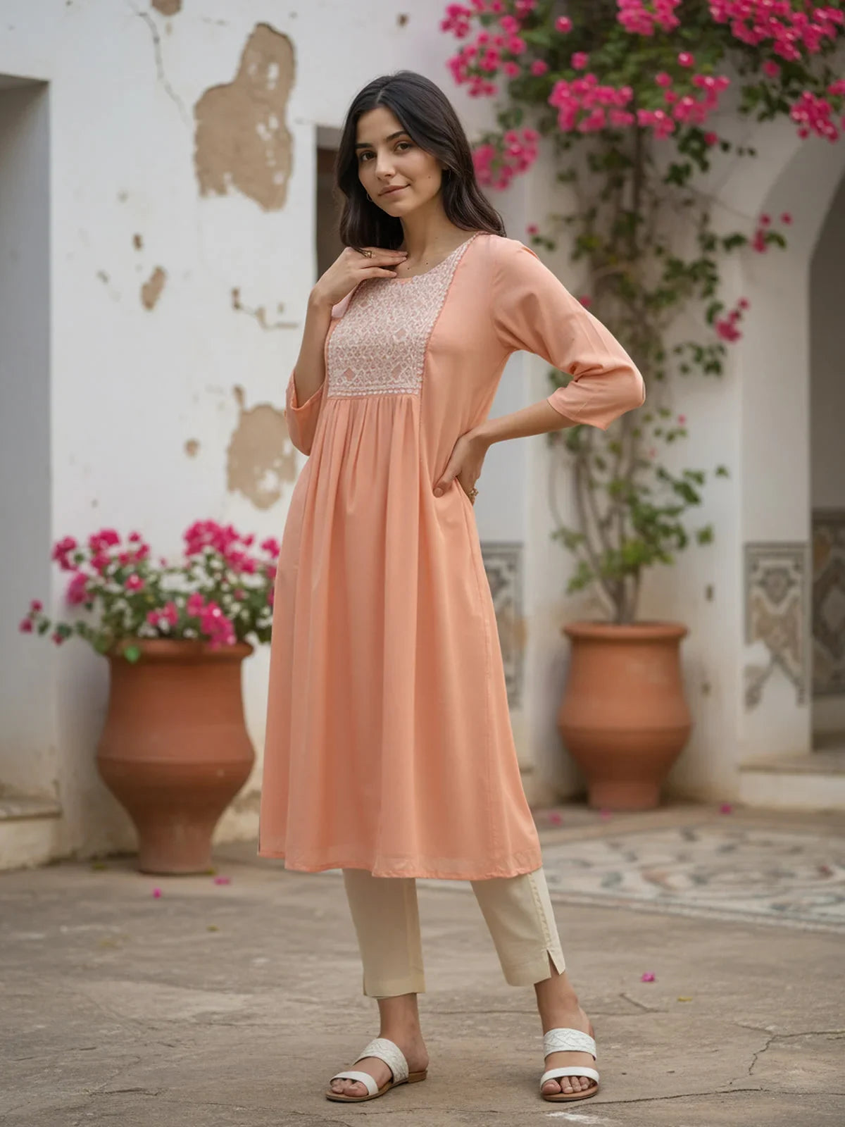 Buy Rayon Embroidered A-Line Calf Length Kurta-Peach