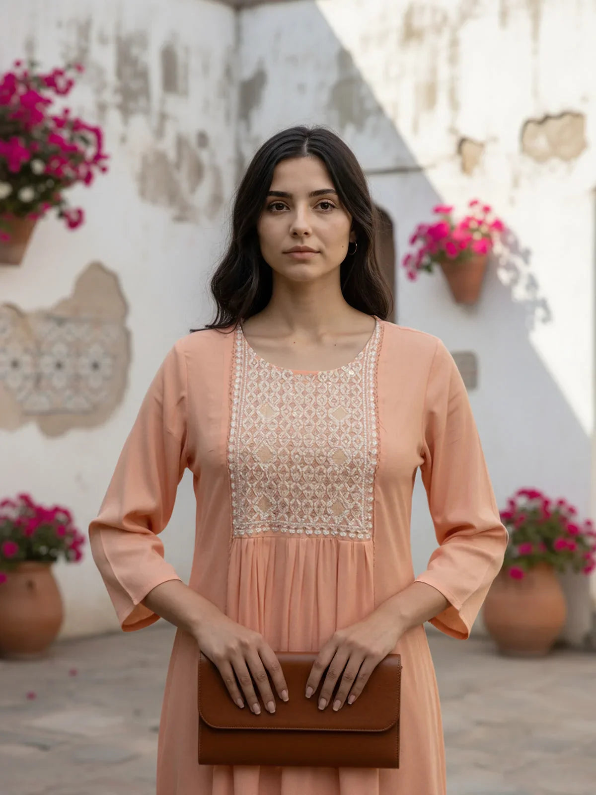 Buy Rayon Embroidered A-Line Calf Length Kurta-Peach