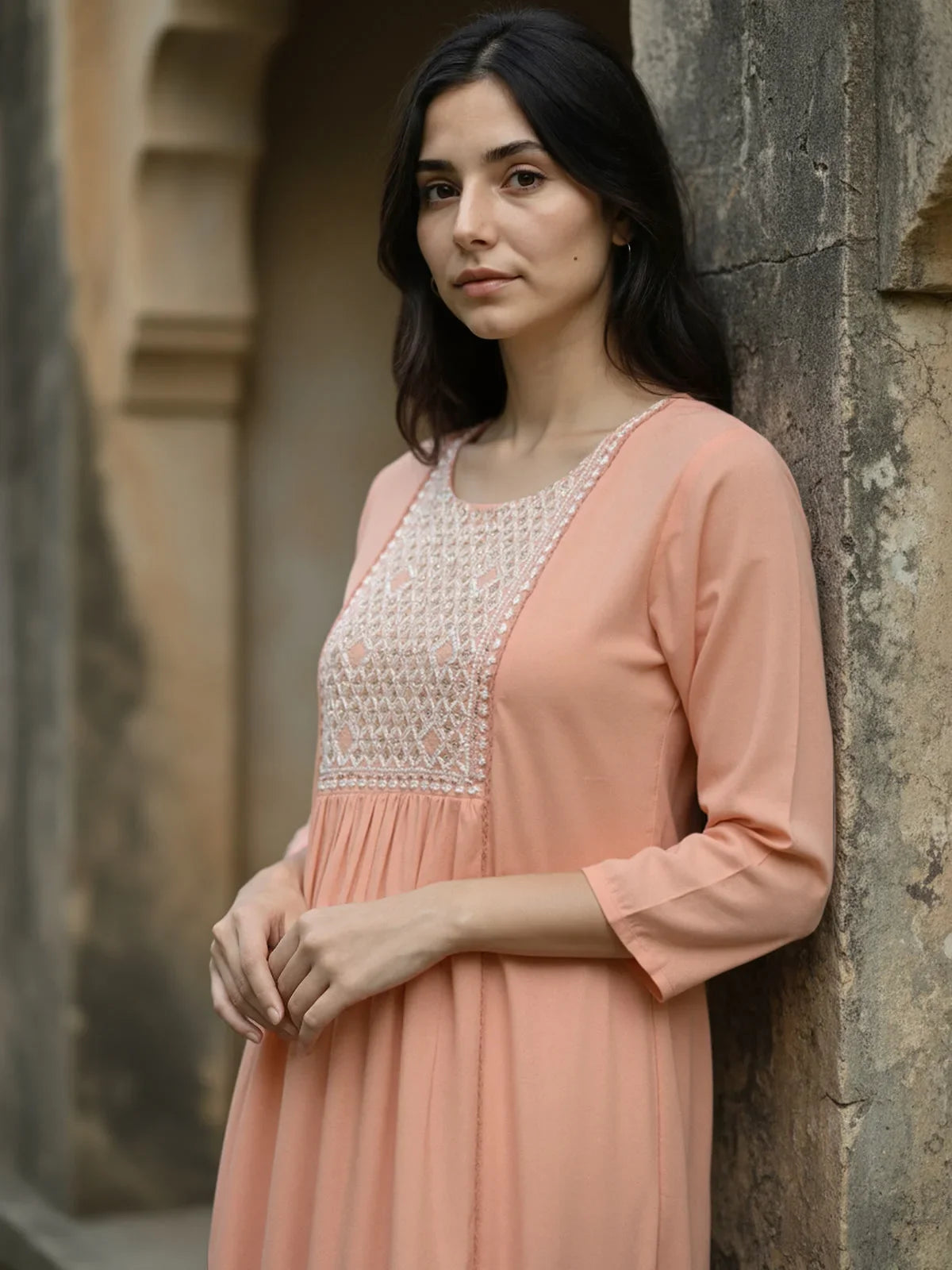Buy Rayon Embroidered A-Line Calf Length Kurta-Peach