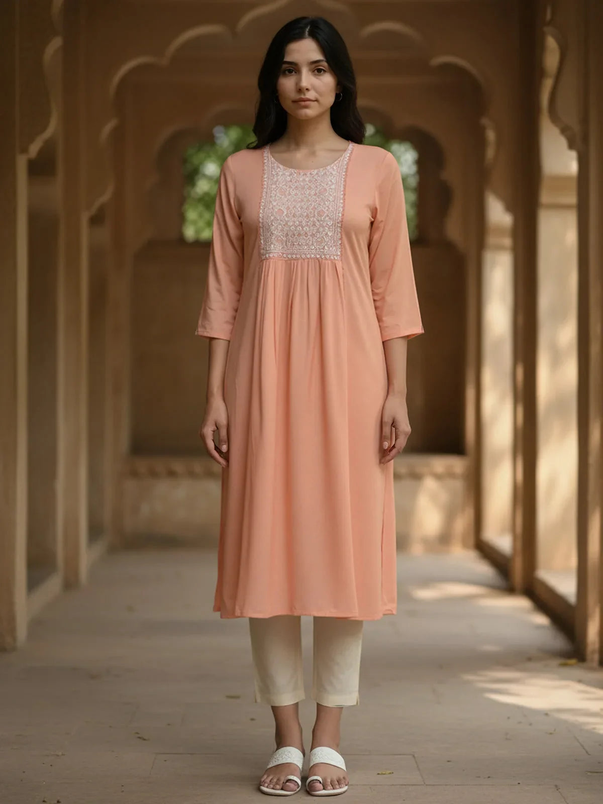 Buy Rayon Embroidered A-Line Calf Length Kurta-Peach