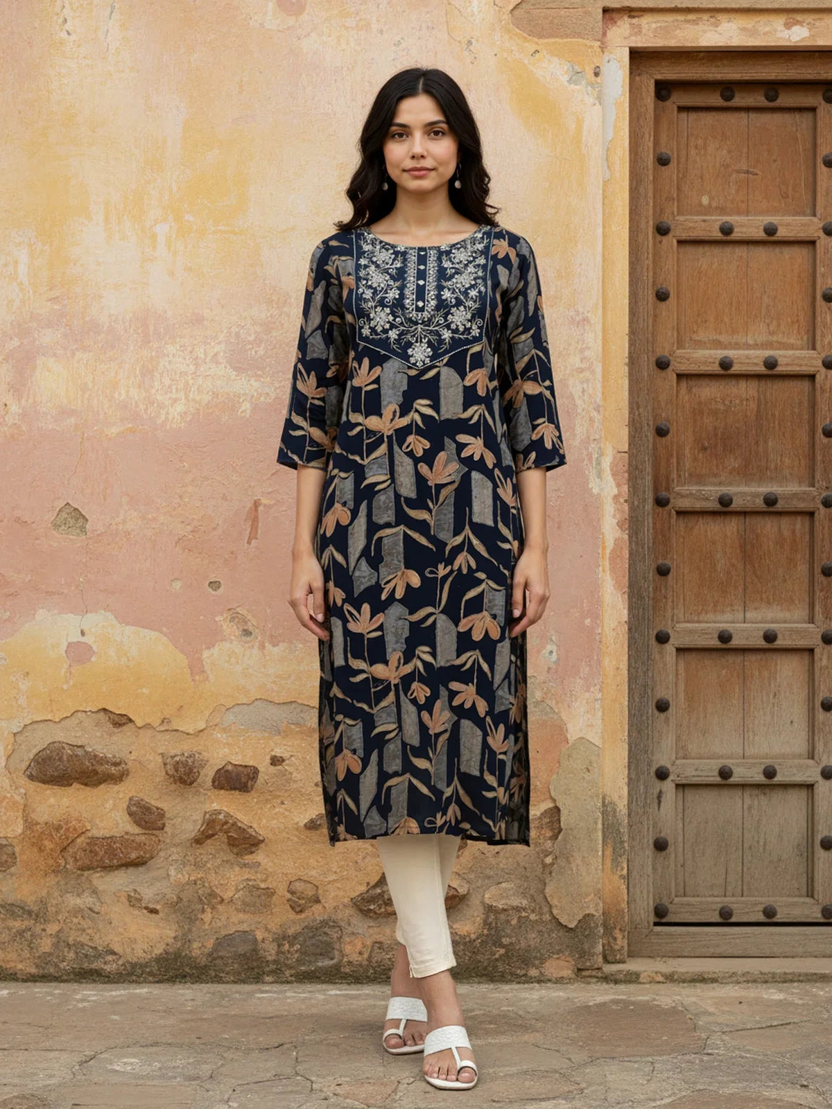 Buy Rayon Embroidered Straight Calf Length Kurta-Blue