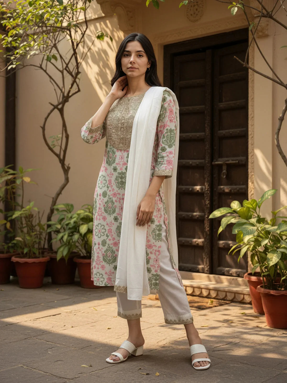 Buy Cotton Embroidered Straight Calf Length Kurta with Pant and Dupatta-Off White
