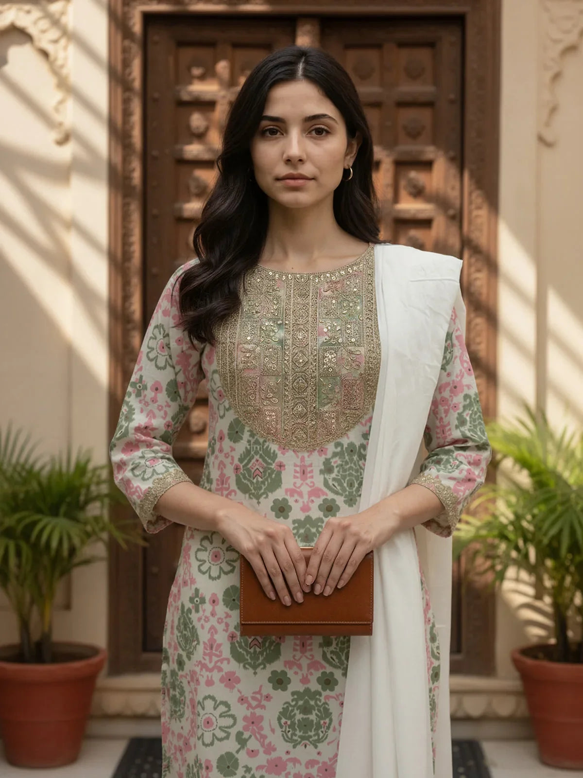 Buy Cotton Embroidered Straight Calf Length Kurta with Pant and Dupatta-Off White