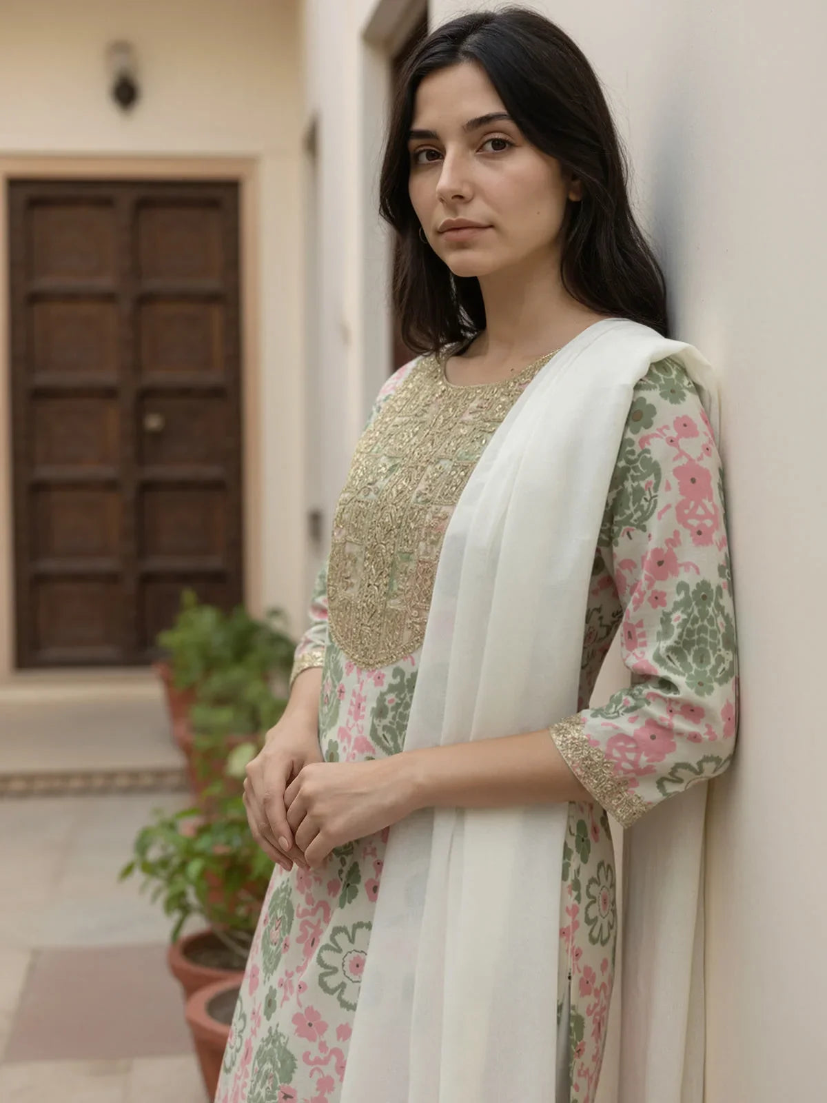 Buy Cotton Embroidered Straight Calf Length Kurta with Pant and Dupatta-Off White