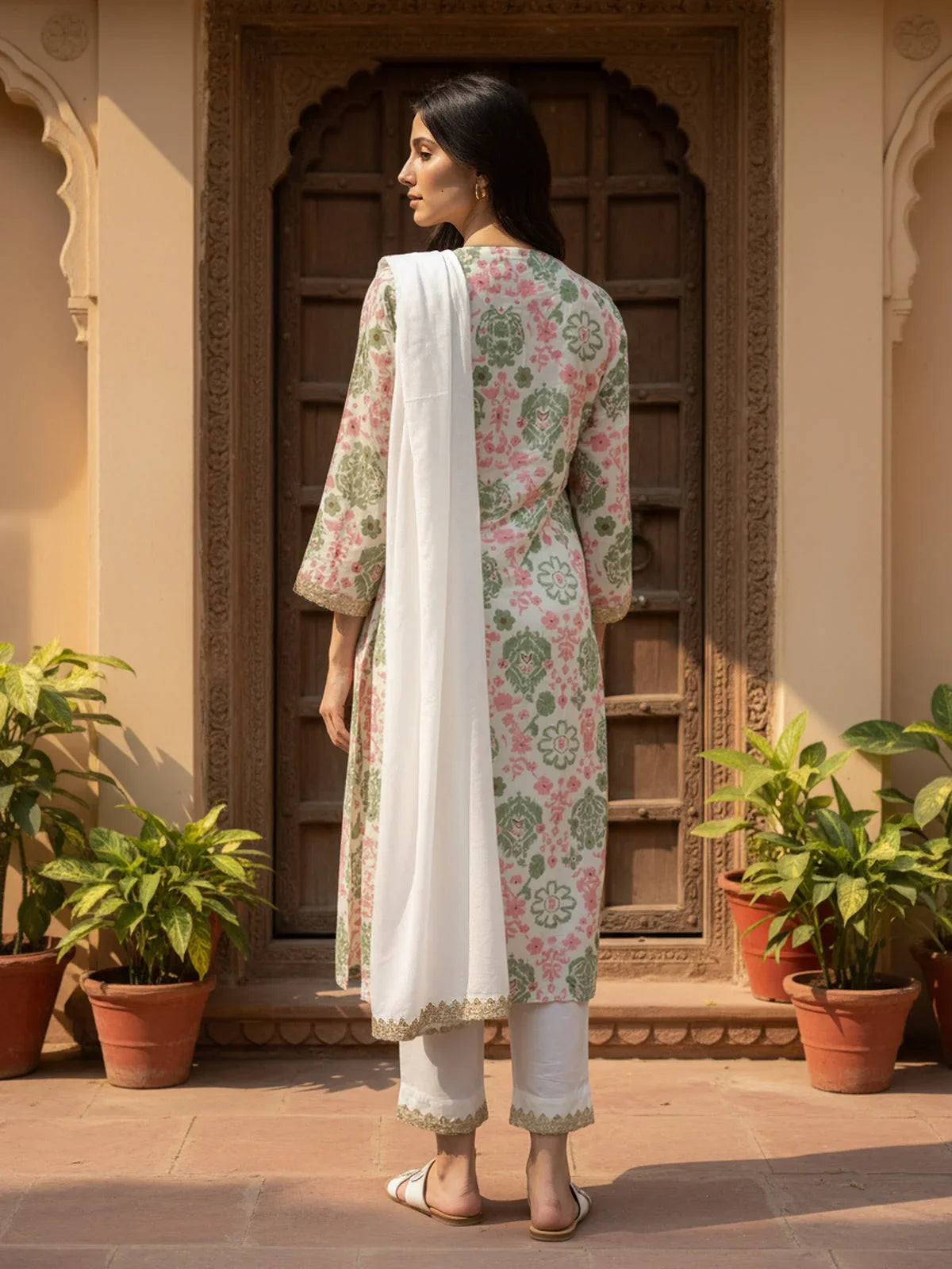 Buy Cotton Embroidered Straight Calf Length Kurta with Pant and Dupatta-Off White
