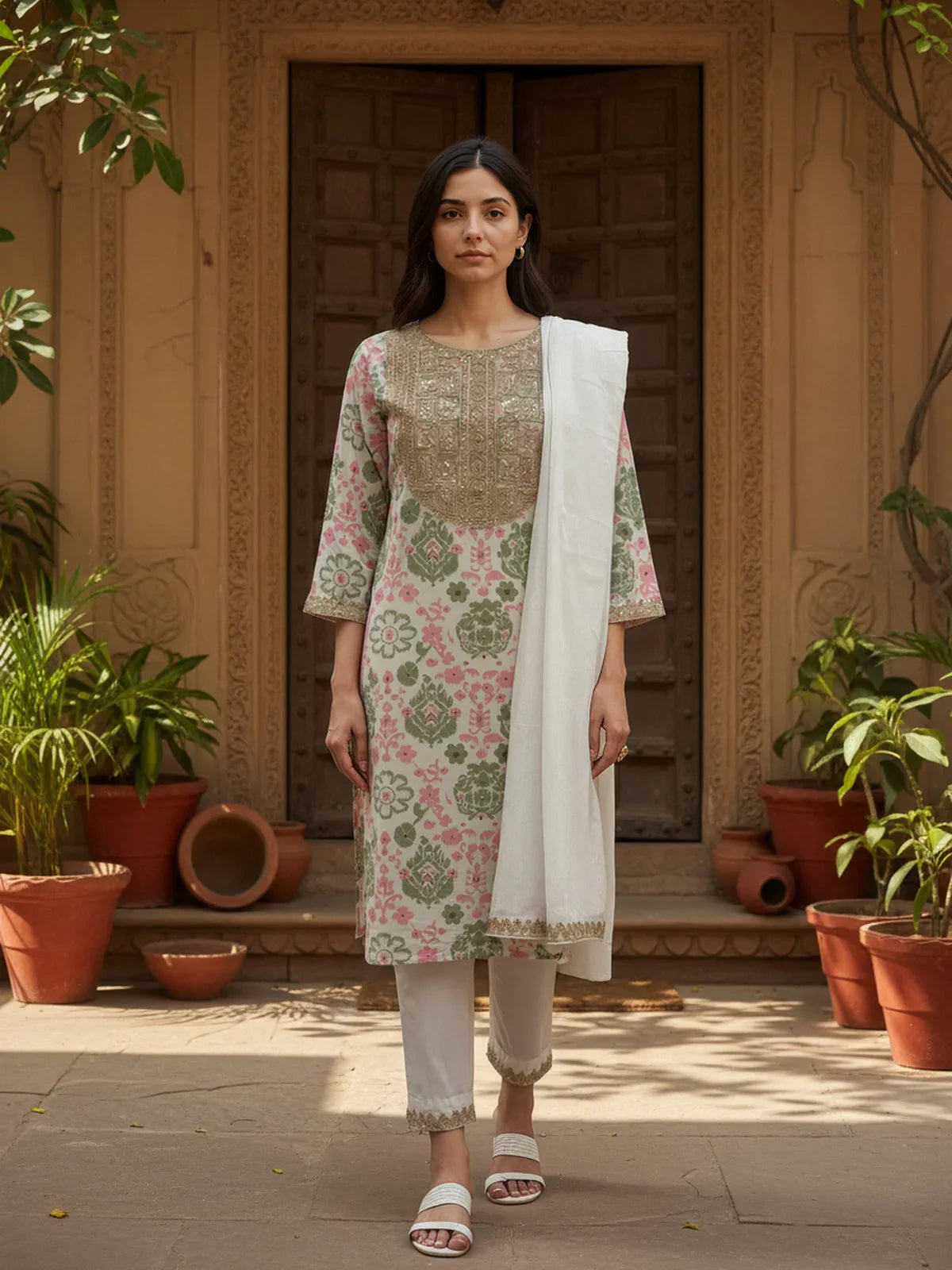 Buy Cotton Embroidered Straight Calf Length Kurta with Pant and Dupatta-Off White
