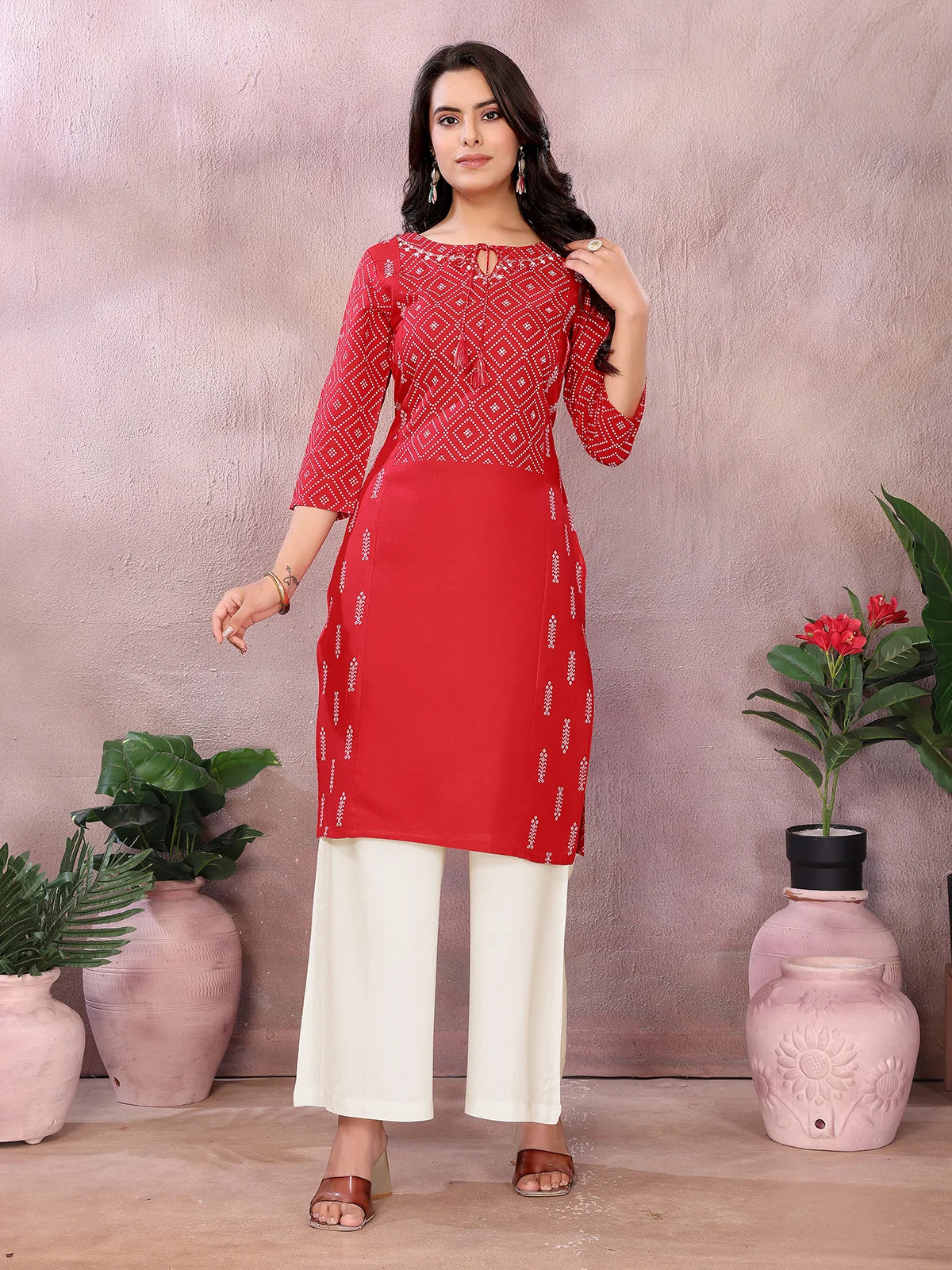 Buy Rayon Printed Straight Knee Length Kurta-Red