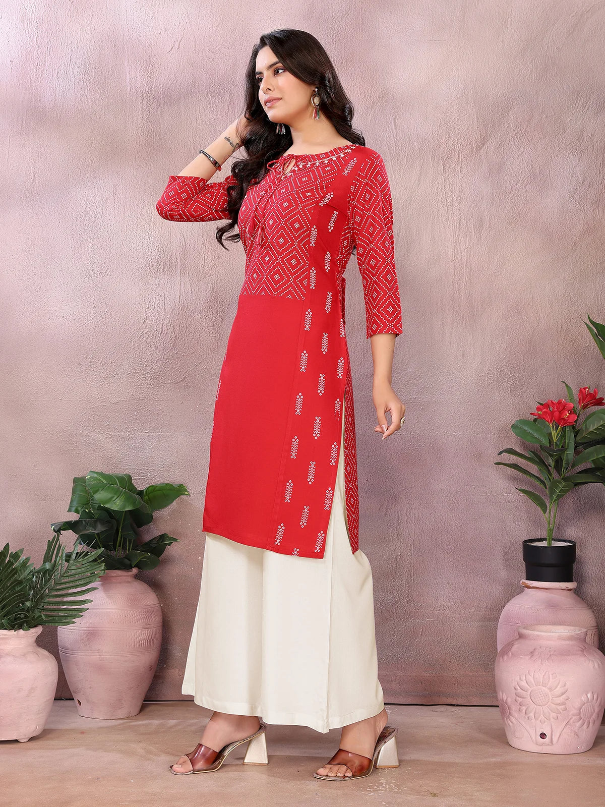 Buy Rayon Printed Straight Knee Length Kurta-Red