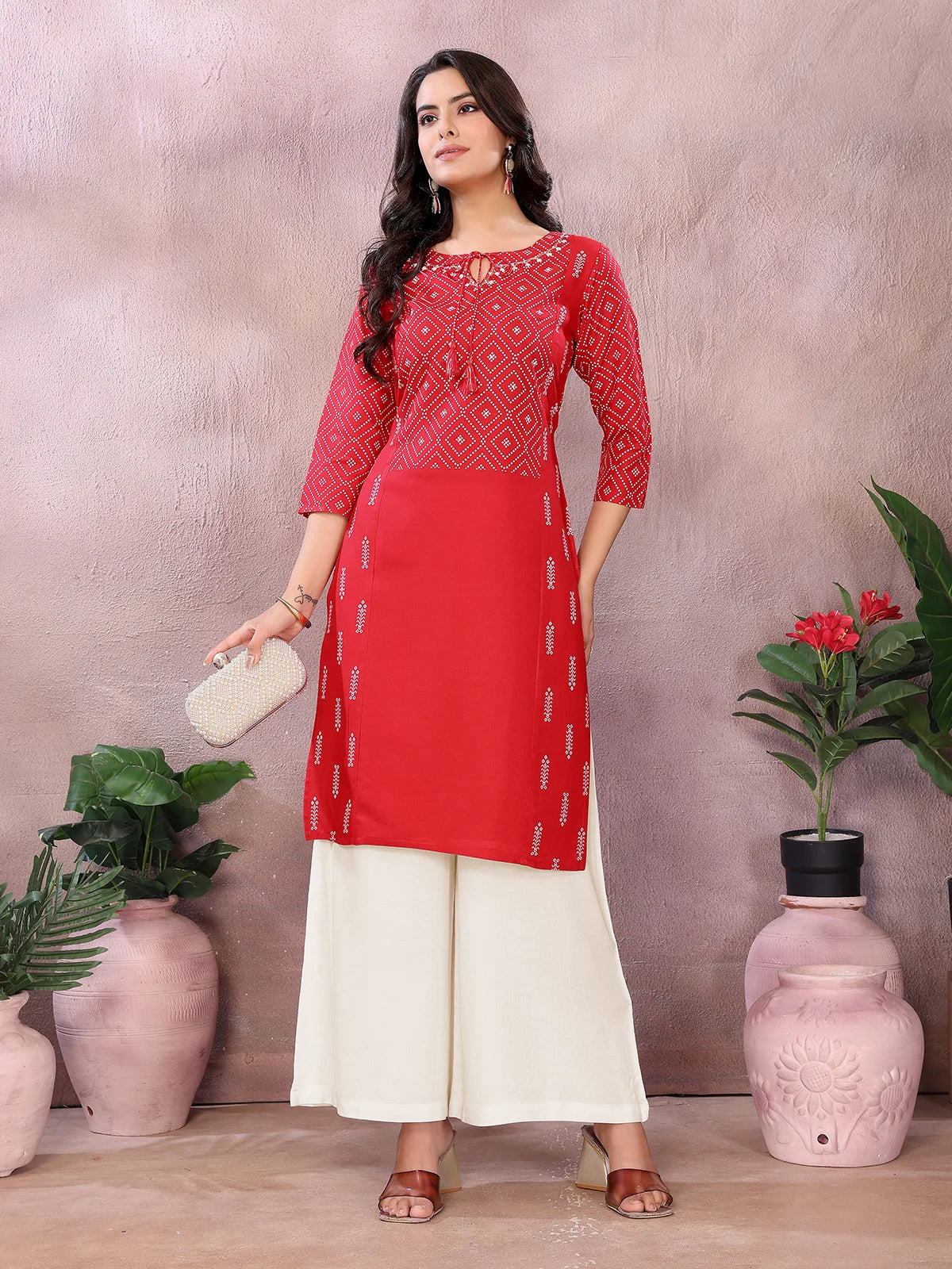 Buy Rayon Printed Straight Knee Length Kurta-Red