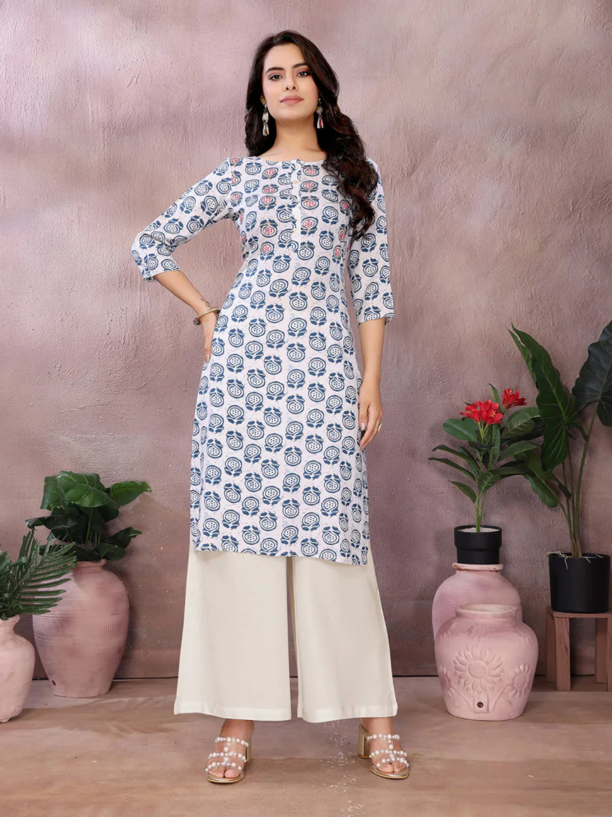 Buy Rayon Printed Straight Knee Length Kurta-Blue