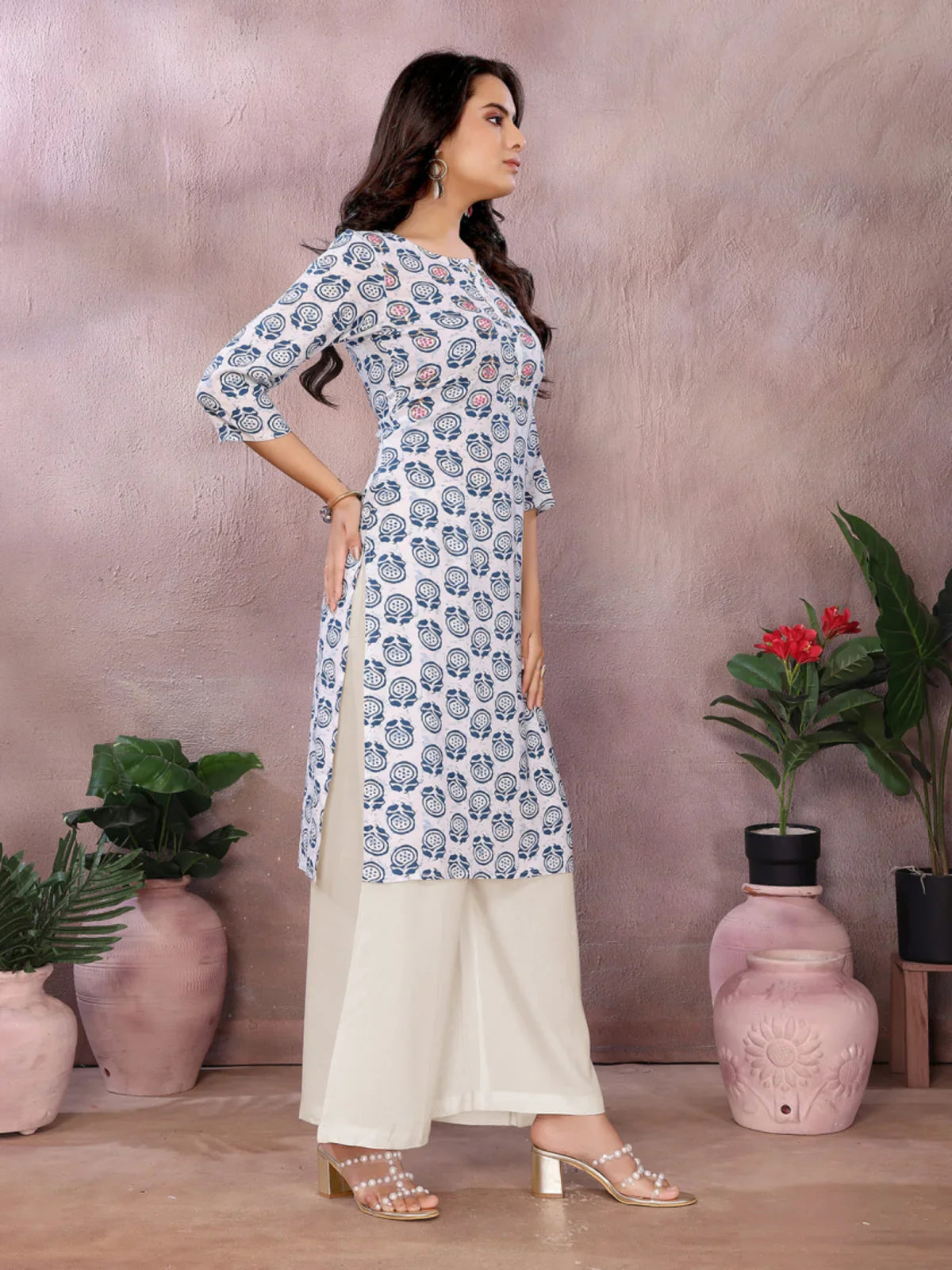 Buy Rayon Printed Straight Knee Length Kurta-Blue