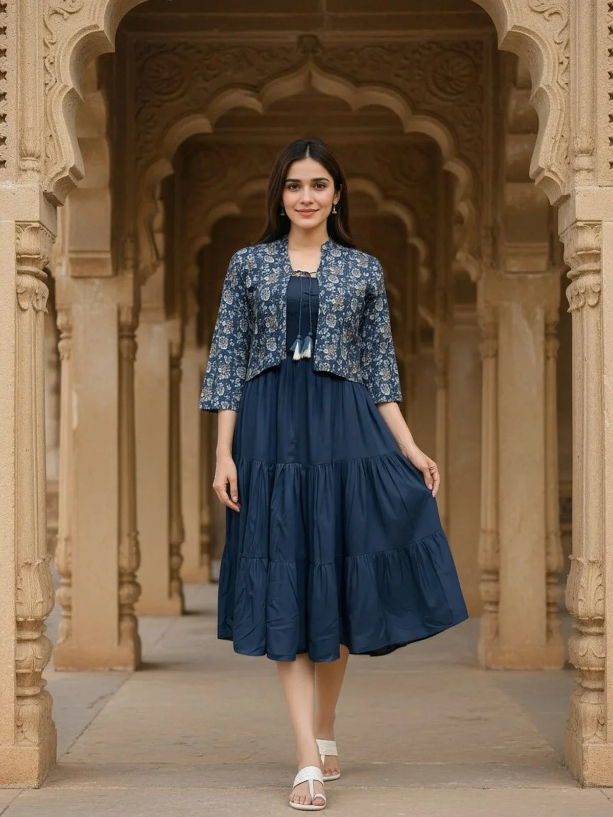 Buy Rayon Printed Tiered Calf Length Dress with Printed Jacket-Blue