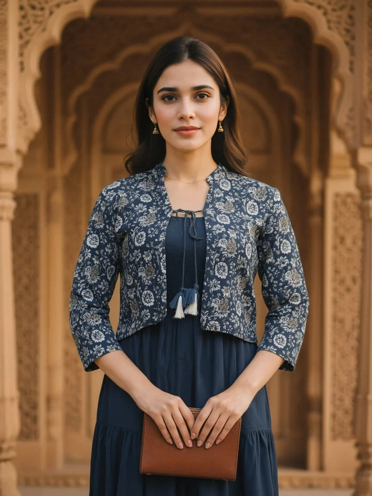 Buy Rayon Printed Tiered Calf Length Dress with Printed Jacket-Blue