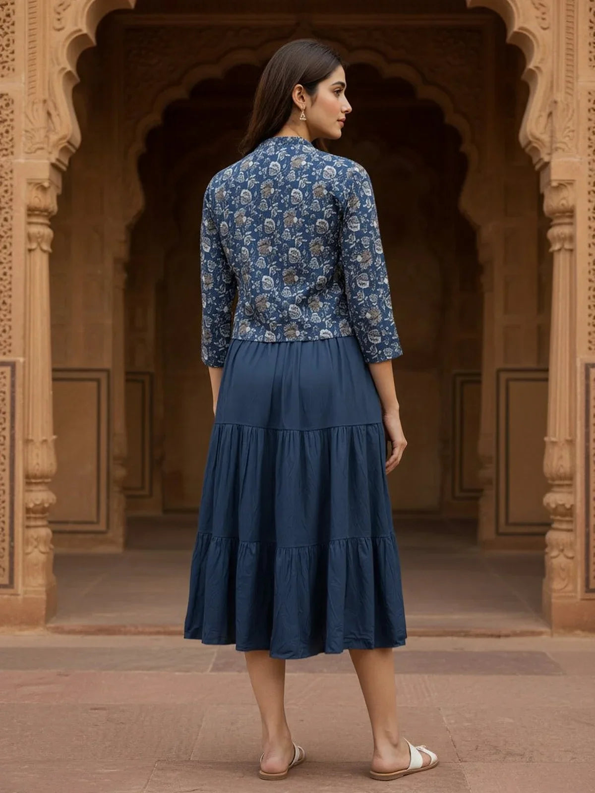 Buy Rayon Printed Tiered Calf Length Dress with Printed Jacket-Blue
