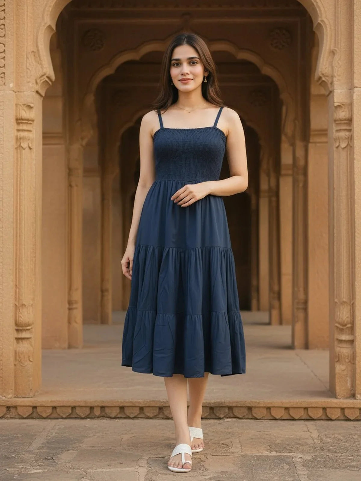 Buy Rayon Printed Tiered Calf Length Dress with Printed Jacket-Blue